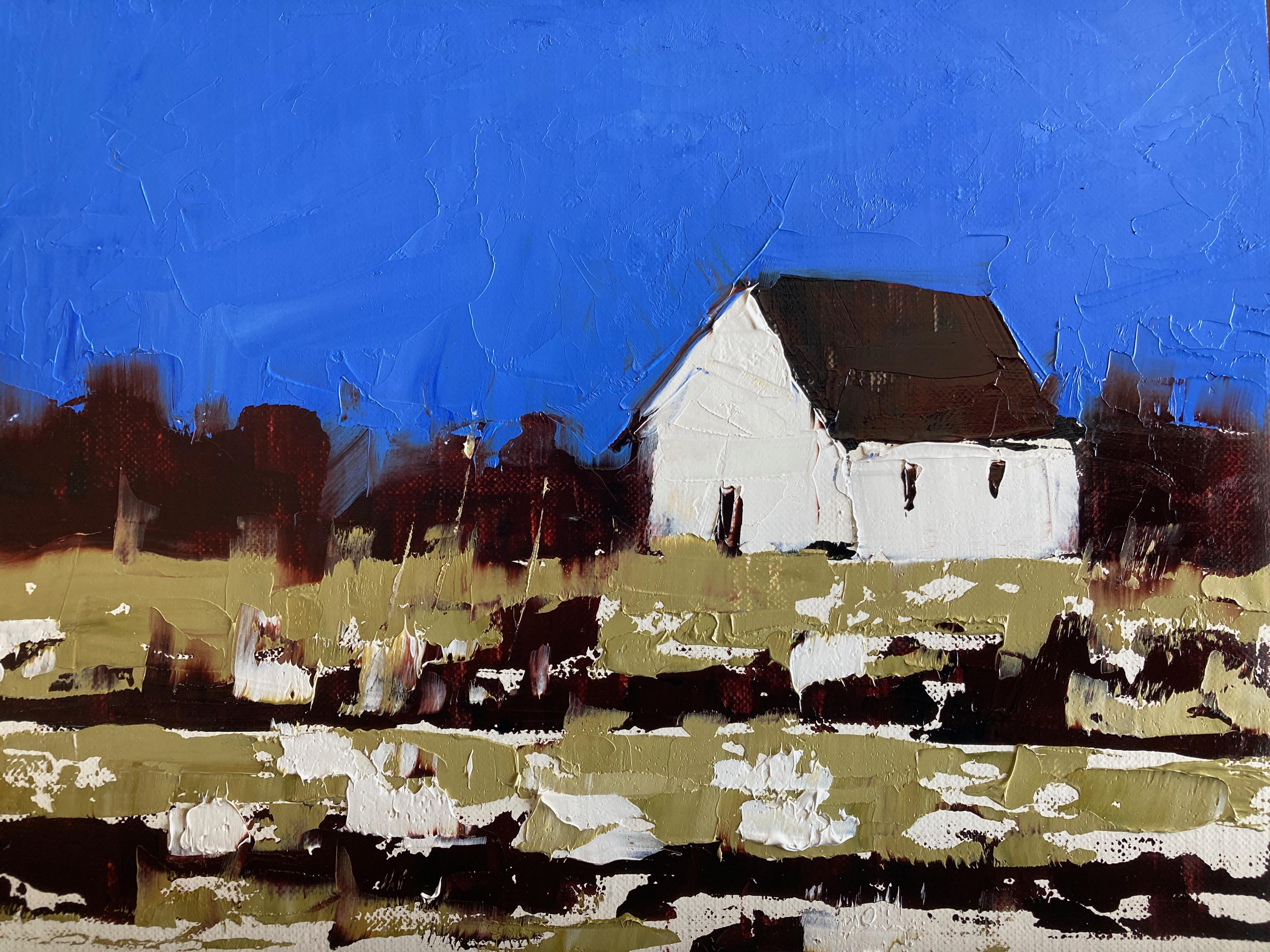 Sandra Pratt Landscape Painting - "House with Blue, " Oil painting