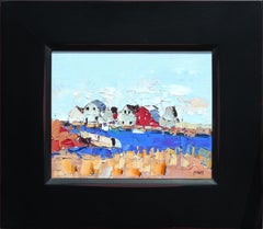 Peinture impressionniste canadienne de paysage abstrait bleu ciel et rouge « Malpeque Bay »