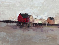 "On the Pier" (2025), Original Impasto Oil Painting of Red House