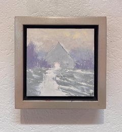 "Granero pálido" - Paisaje invernal impresionista, pintura al óleo original sobre panel