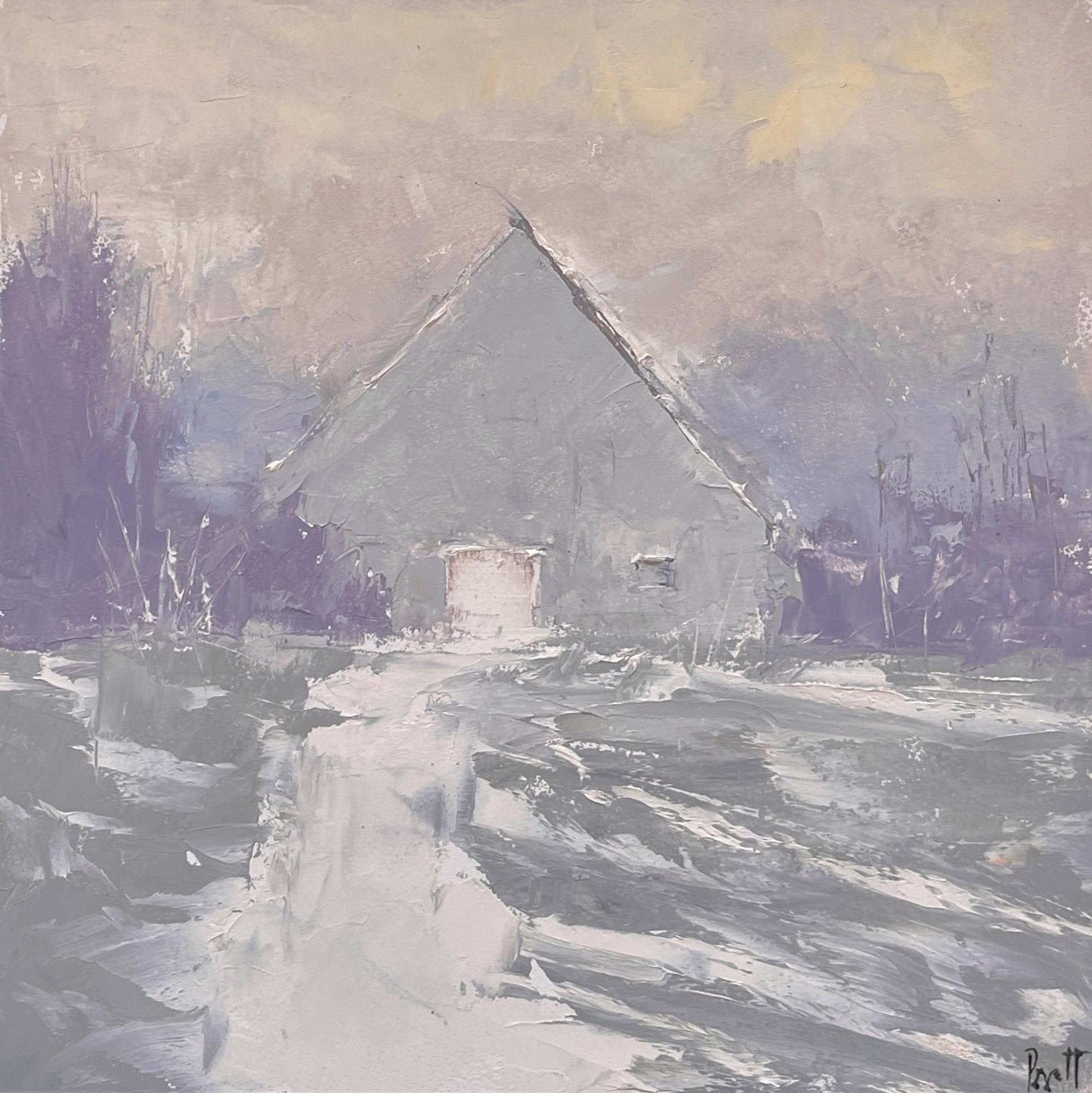 Sandra Pratt Landscape Painting - "Pale Barn" - Impressionist Winter Landscape, Original Oil Painting on Panel