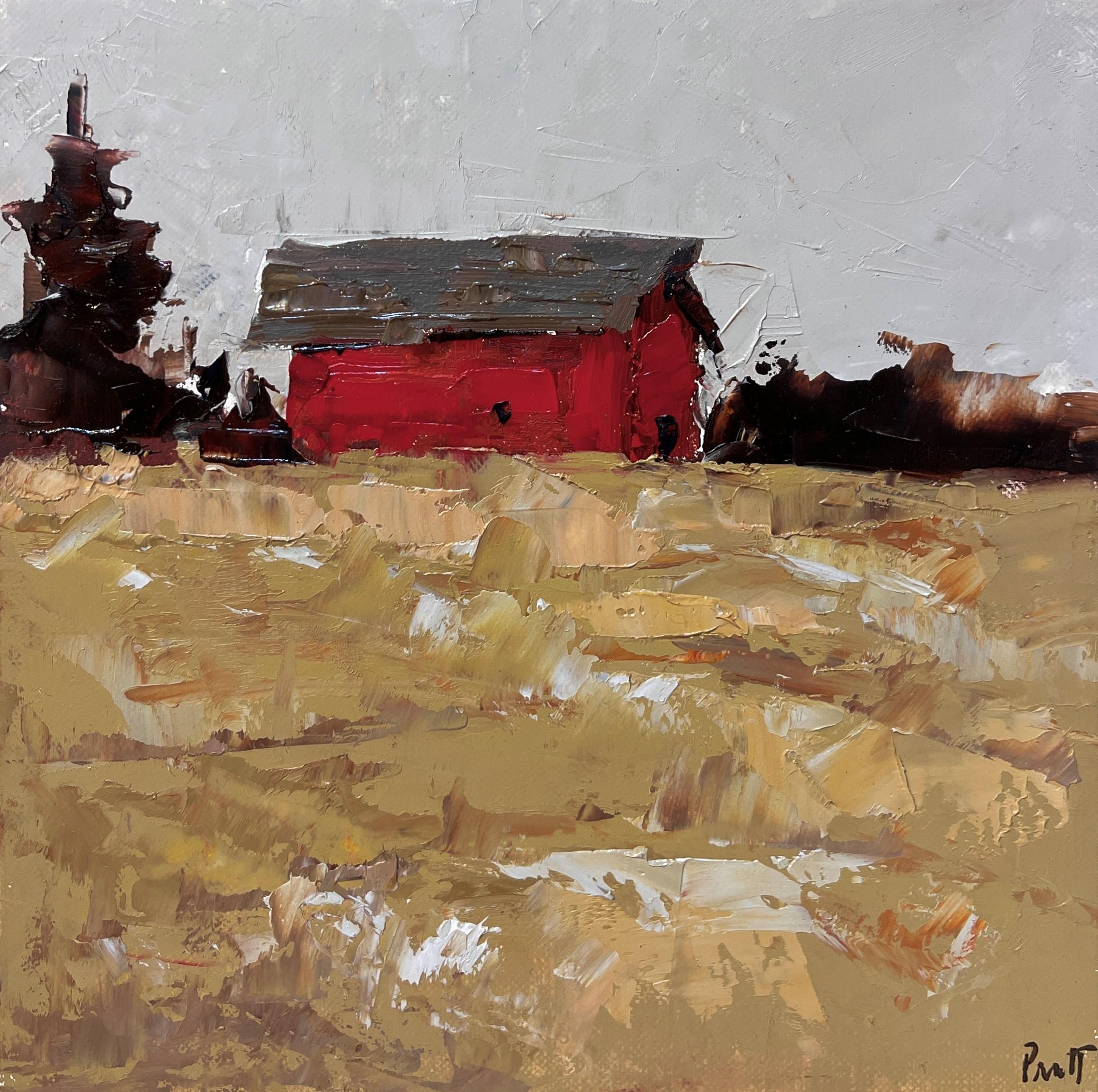Still-Life Painting Sandra Pratt - "Grange rouge dans un champ ocre" (2025), peinture originale à l'huile sur toile