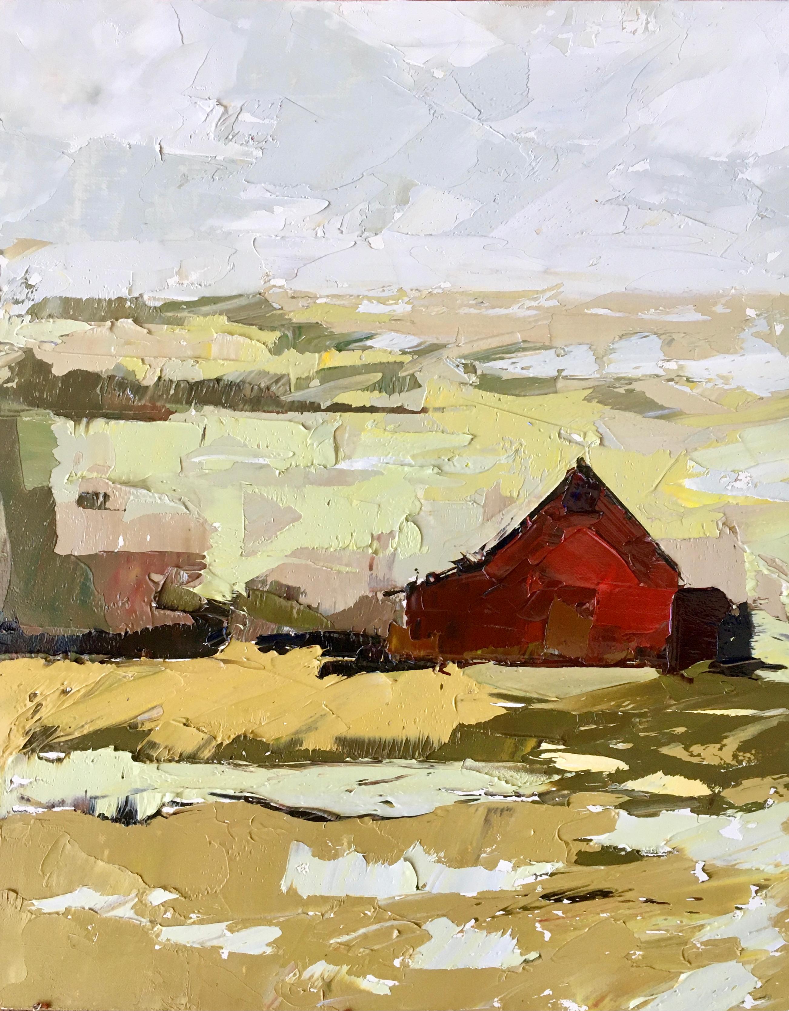 Sandra Pratt Landscape Painting - "Red Barn in Ochre Field", Oil painting
