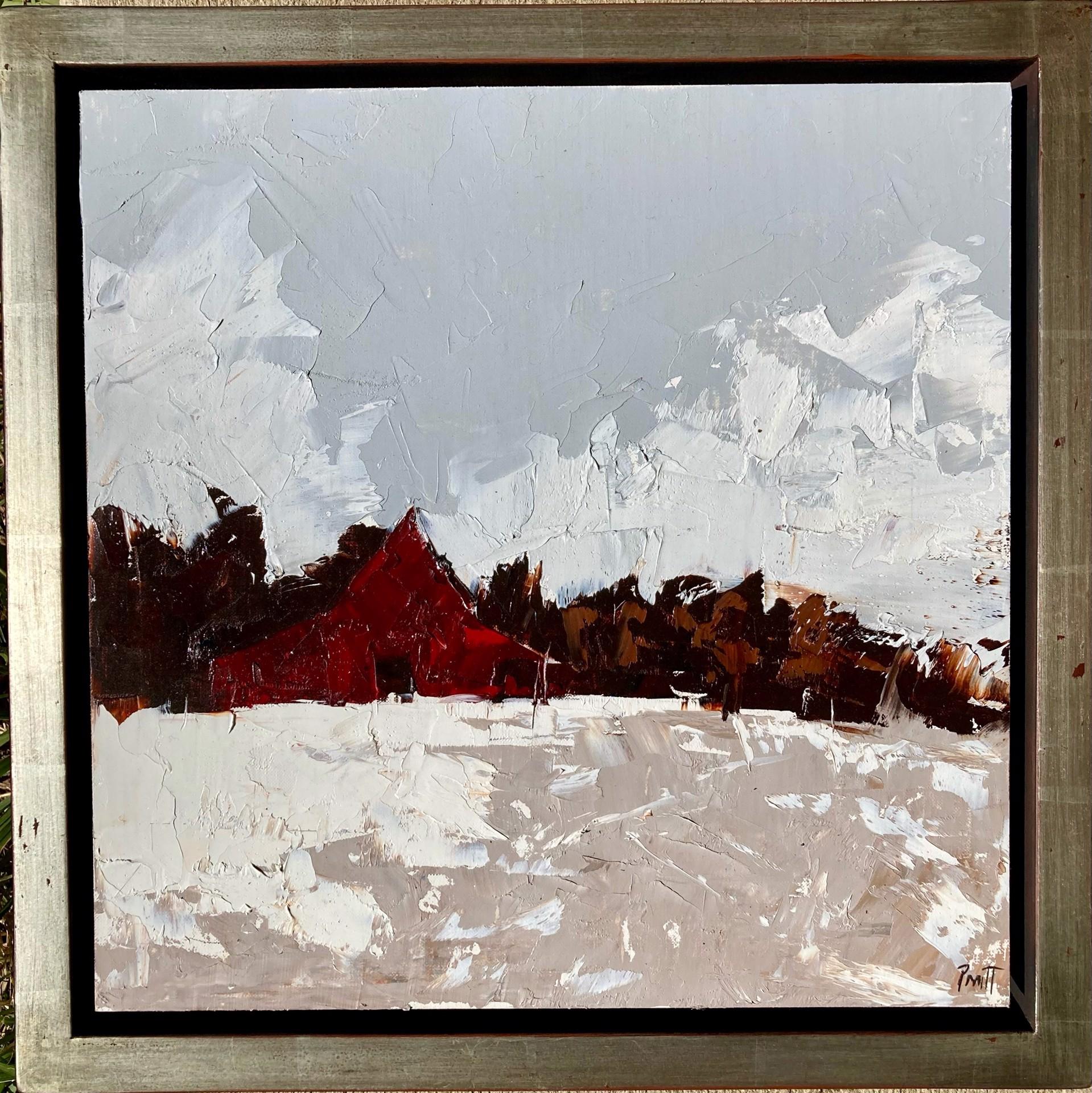 Red Barn in Snow - Painting by Sandra Pratt