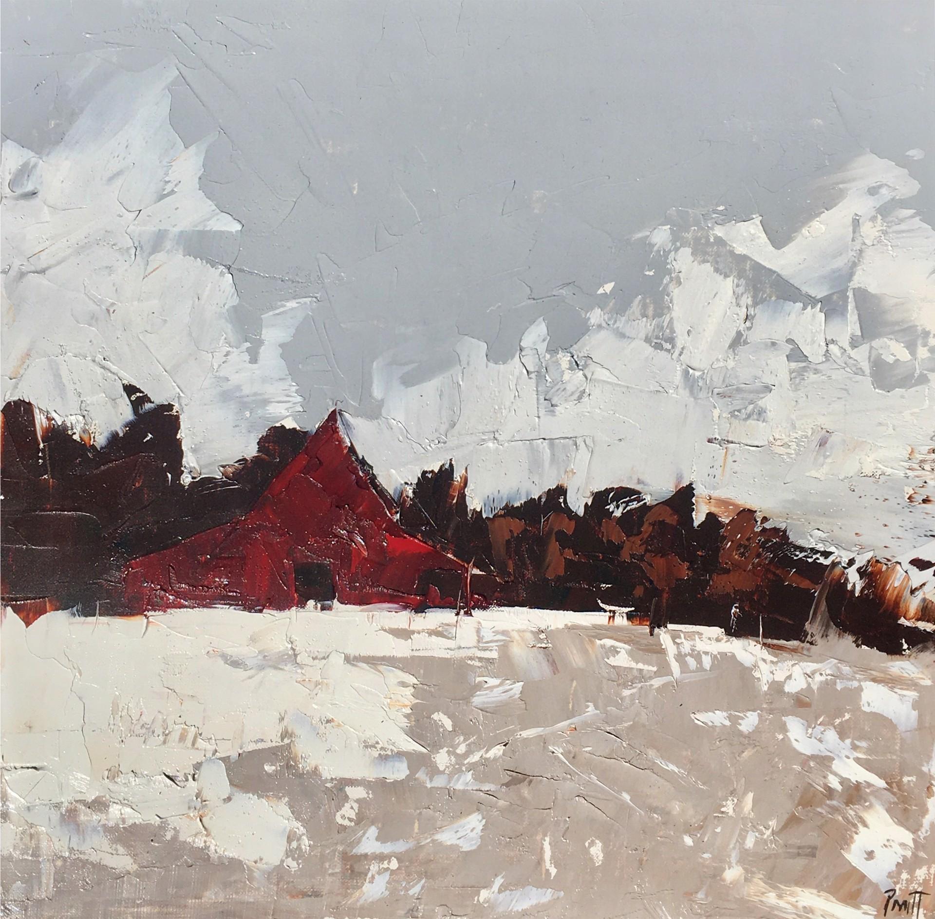 Sandra Pratt Figurative Painting - Red Barn in Snow