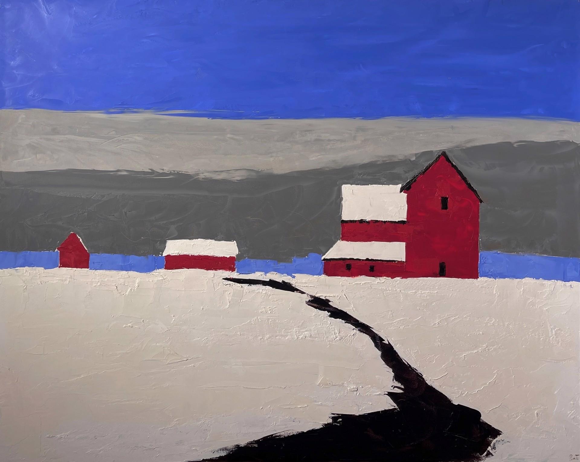 Sandra Pratt Figurative Painting - "Red Barn in Winter" - Minimalist Impasto Landscape, Oil Painting on Board