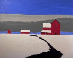 "Red Barn in Winter" - Minimalist Impasto Landscape, Oil Painting on Board