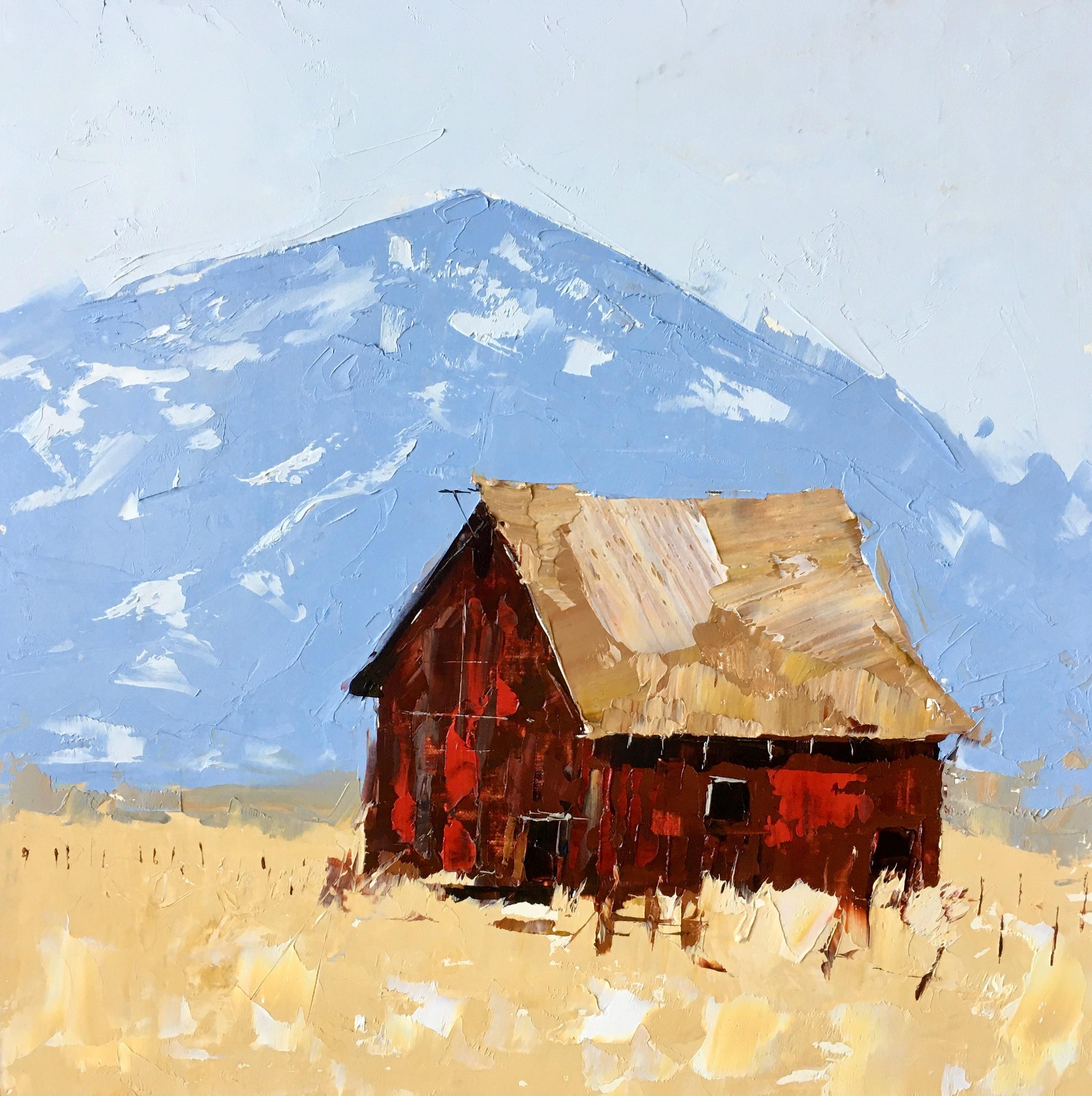 Sandra Pratt Figurative Painting - "Red barn in Yellow Field", Oil painting