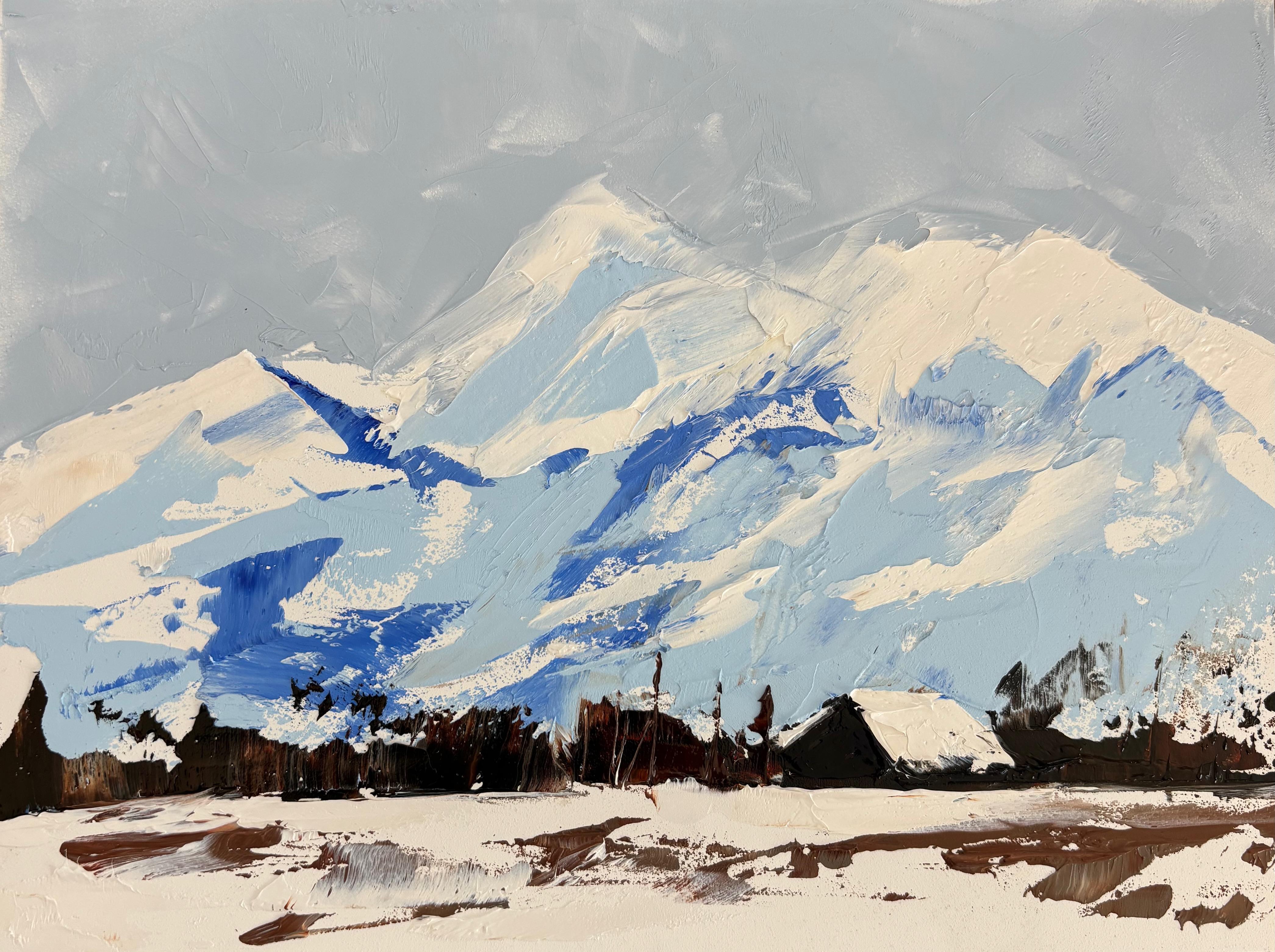"Montagne Rocciose" (2024) di Sandra Pratt, pittura ad olio originale di un paesaggio innevato