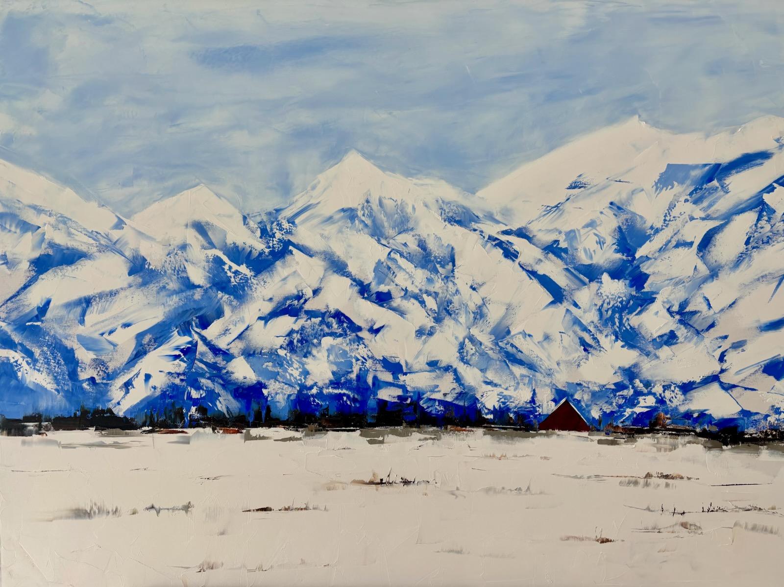 Sandra Pratt "Casa in montagna" (2025), Paesaggio invernale a olio espressionista