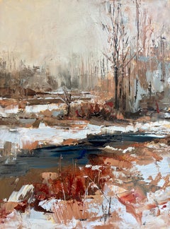 Seasons, 2025 - Contemporary Winter Landscape with Trees and Stream Oil Painting
