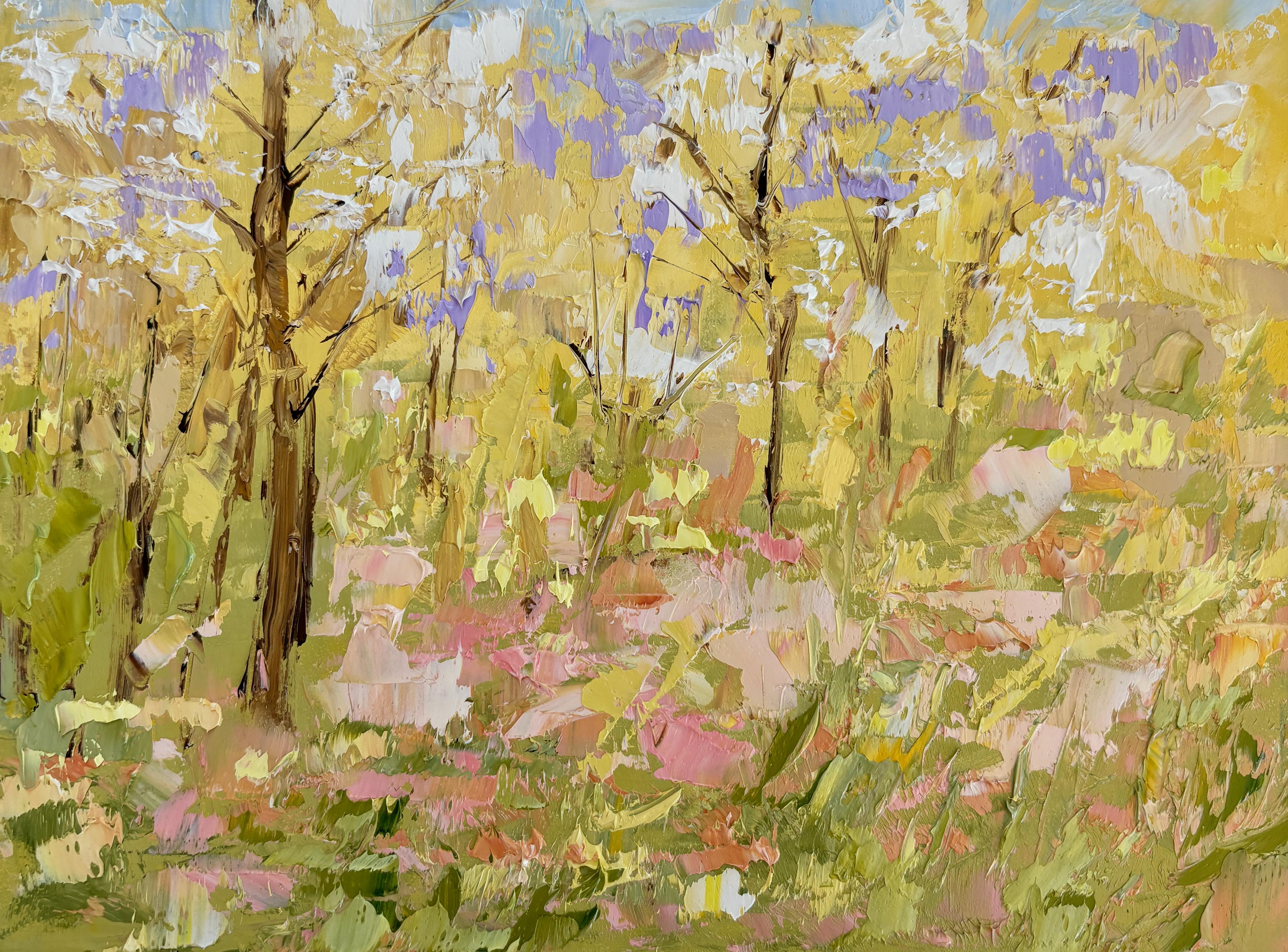 « Printemps Haze » (2024) par Sandra Pratt, peinture à l'huile originale d'un paysage