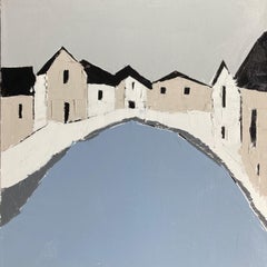 "Village Alley" (2023), peinture à l'huile originale à l'empâtement en niveaux de gris d'un paysage urbain