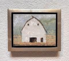 "Weiße Scheune" - Impressionistische Landschaft des Mittleren Westens, Ölgemälde auf Karton