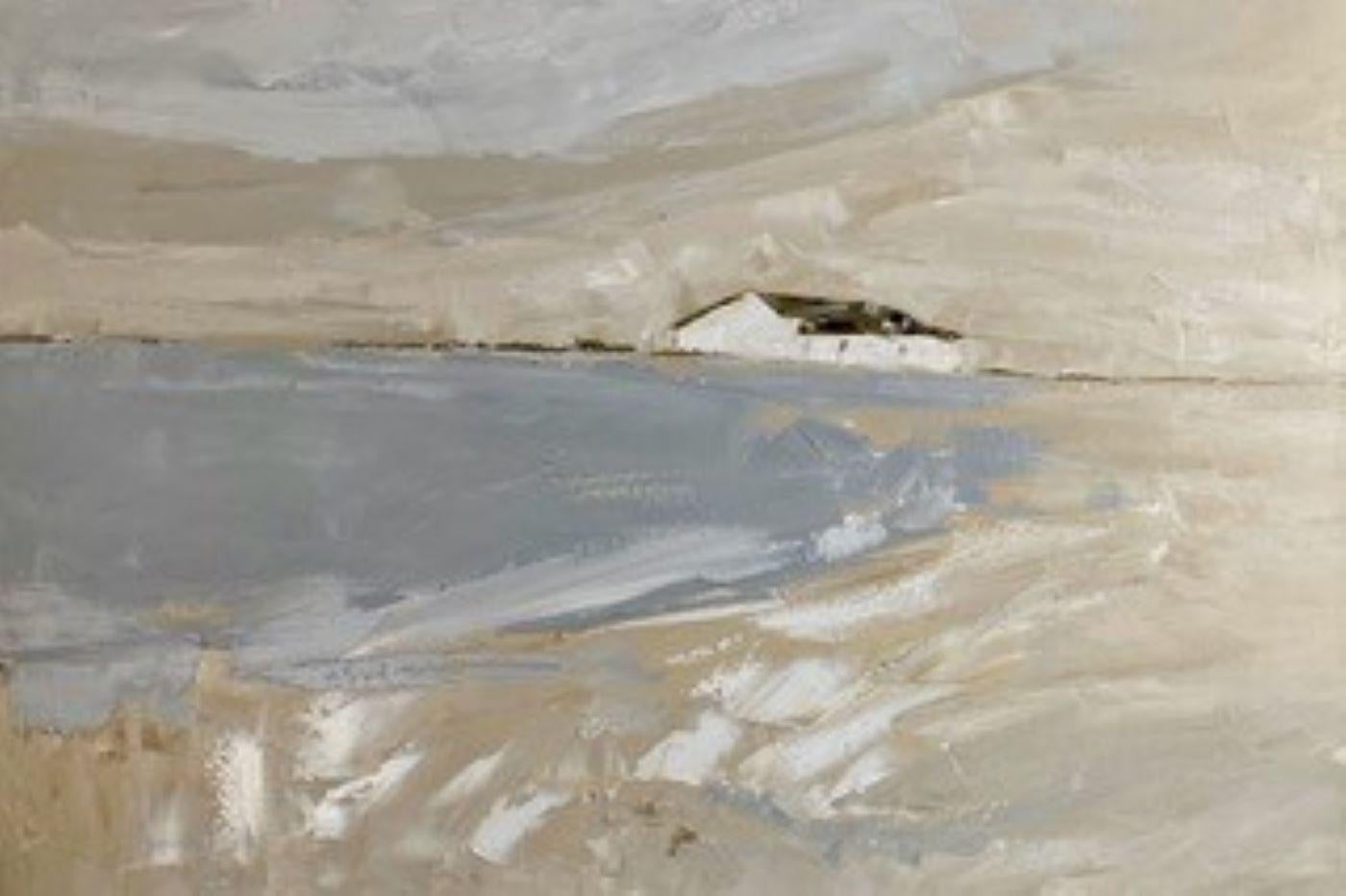 Sandra Pratt Landscape Painting - "White Barn in Ochre Field, " Oil painting