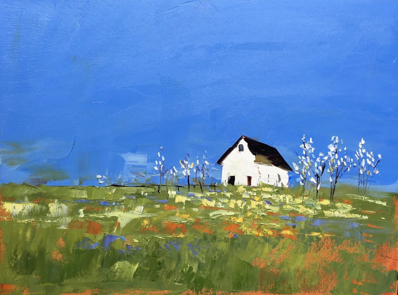 Sandra Pratt Landscape Painting - "White Barn in Summer", Oil painting