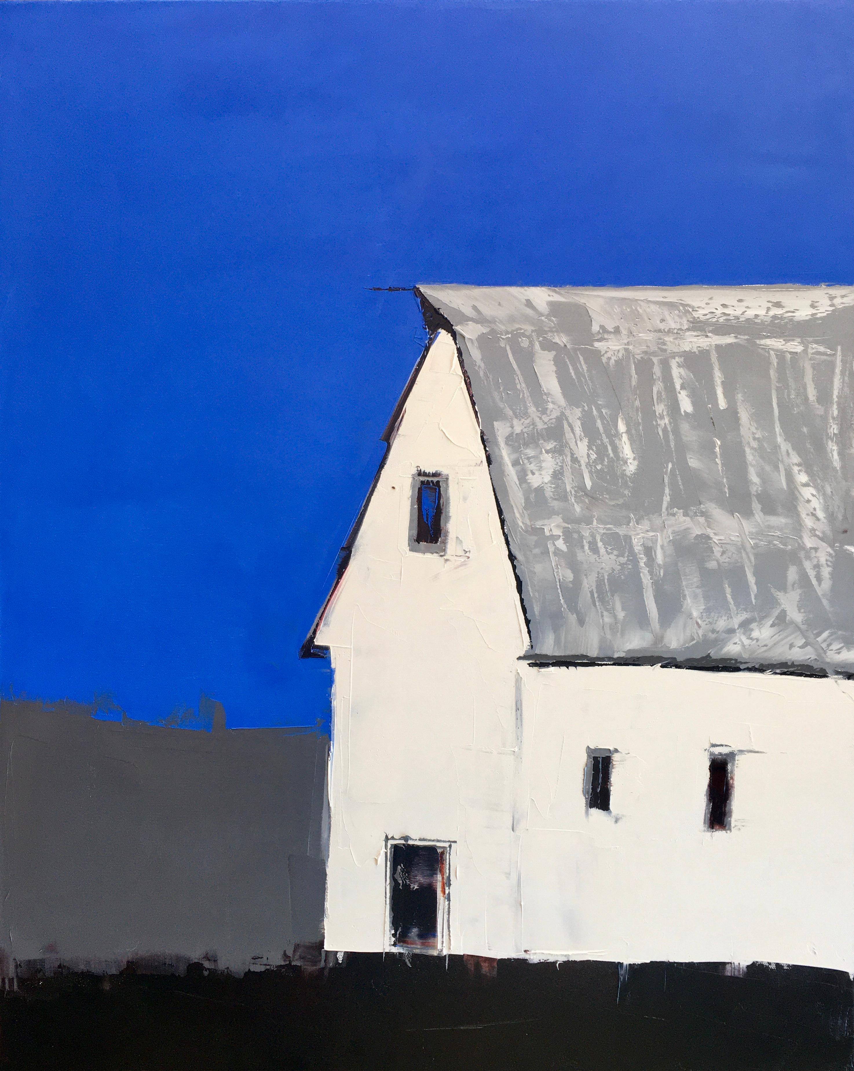 Sandra Pratt Landscape Painting - "White Barn with Blue", Oil painting