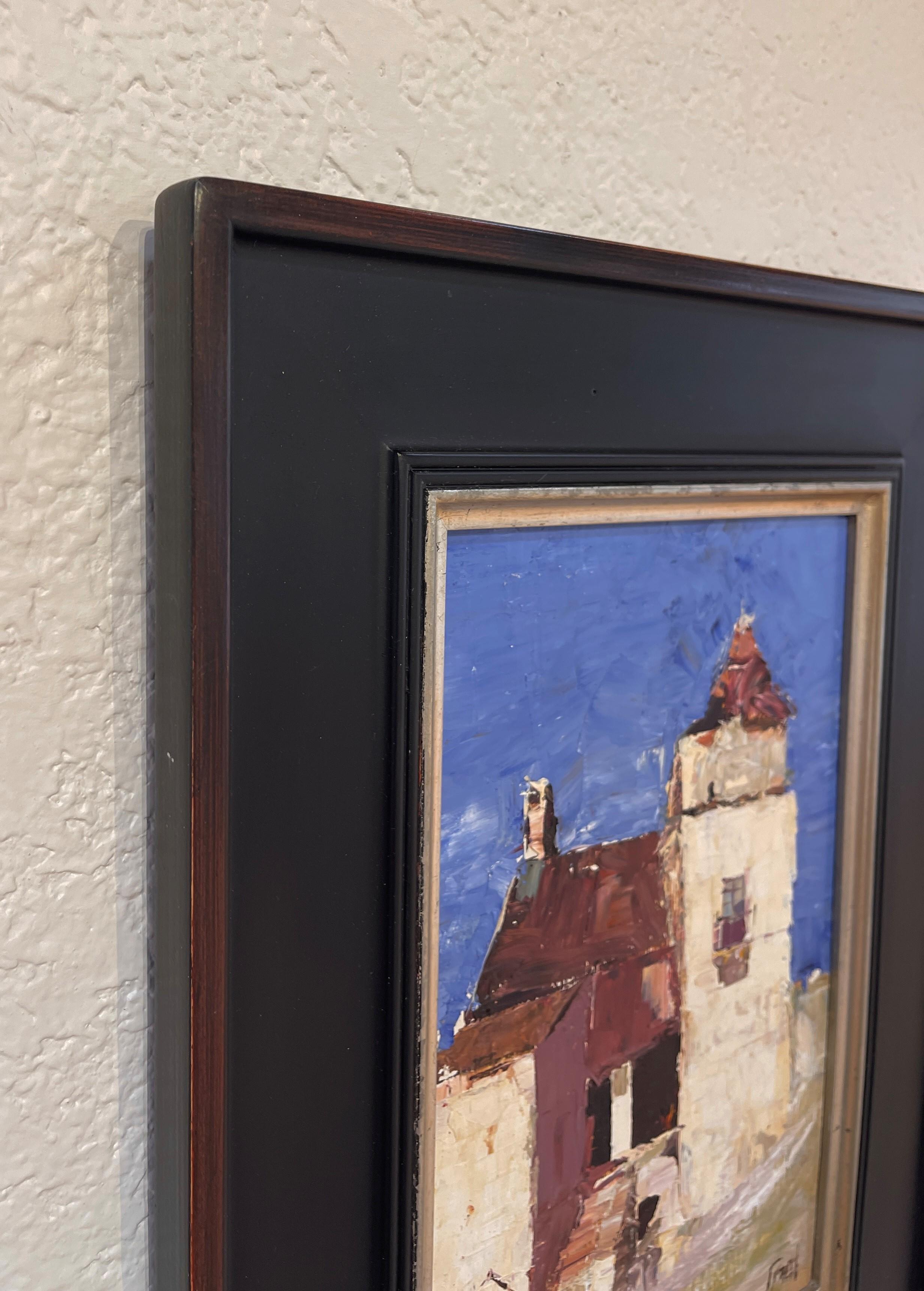 « French Village » de Sandra Pratt, peinture à l'huile originale de paysage urbain en vente 2