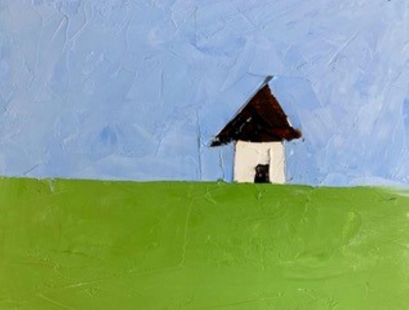 Sandra Pratt Landscape Painting - "White House in Green Field, " Oil painting