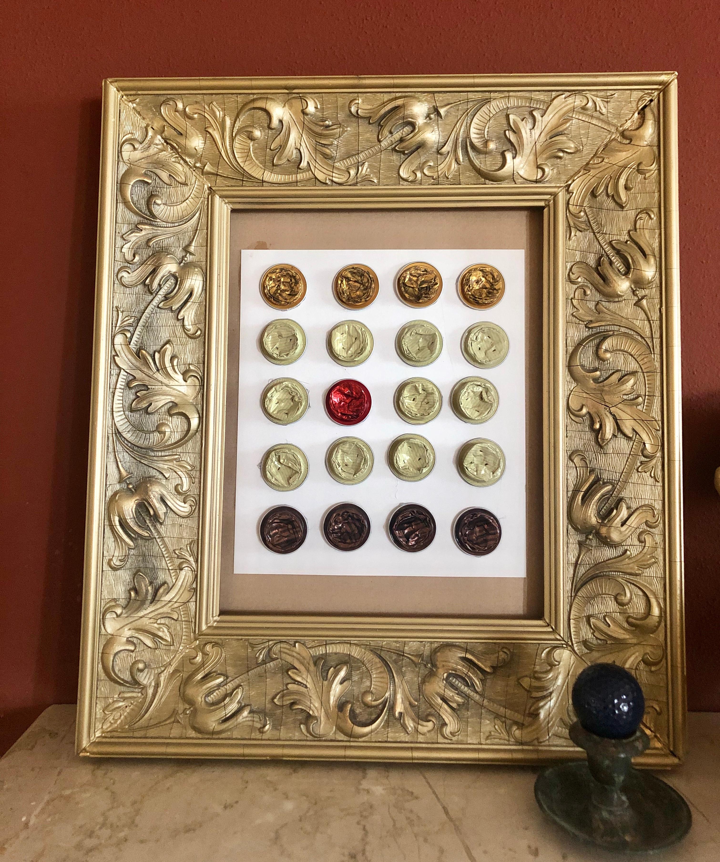 Unique, from the cycle RECYCLED, used NESPRESSO capsules, recycled items/ cartoon, heavy gold wooden frame. SalamonArt certificate will be provided.