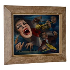 Pittura ad olio originale del Mid Century Modern "Jazz Club" di Sandra Thaw