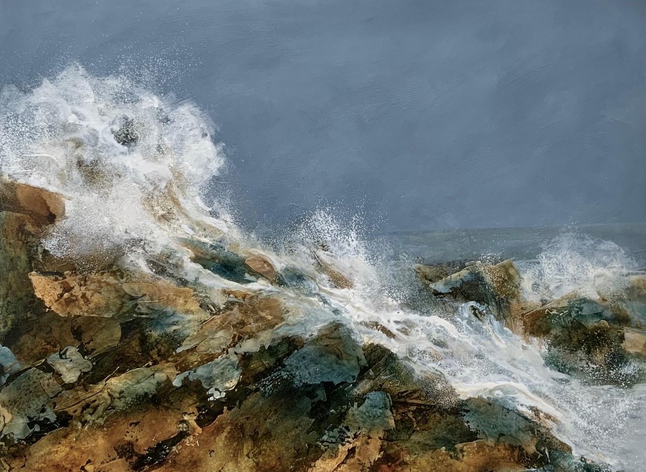 Tidal Surge Peinture de paysage marin contemporaine - Gris Landscape Painting par Sandra Wintle