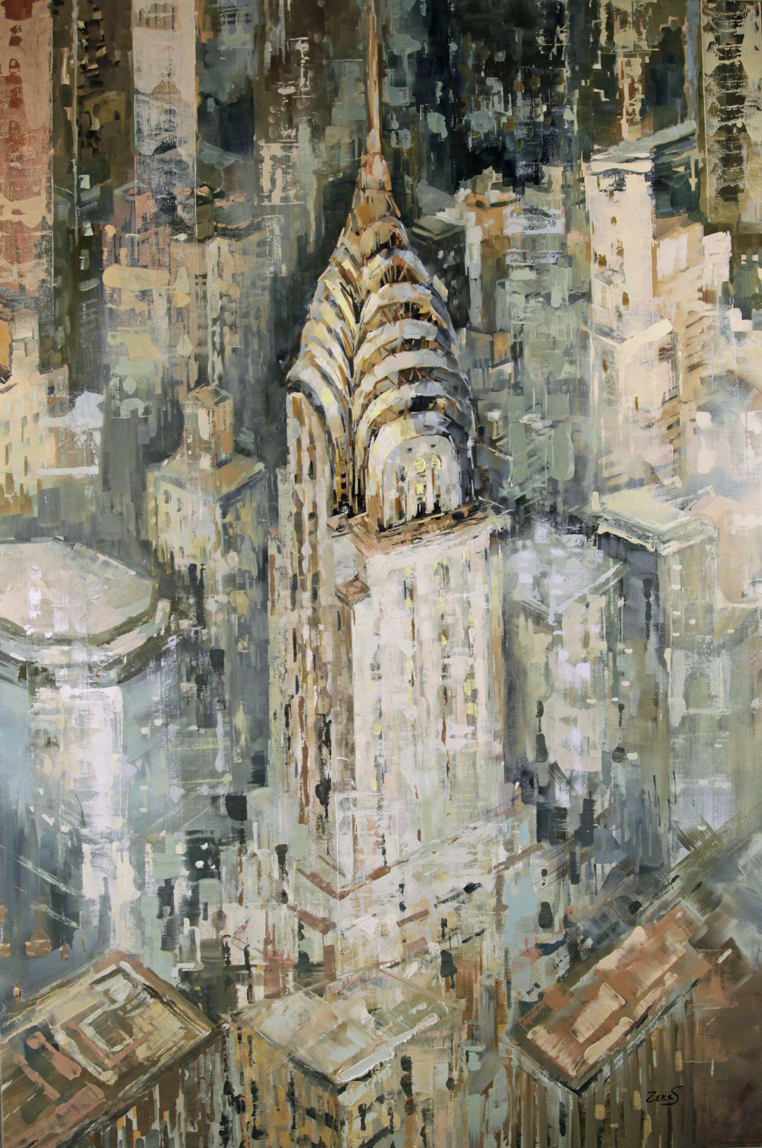 Size: 120 x 80 x 4,5 cm / 48" x 32" x 1.7" inches  Painted on a deep edge gallery wrapped canvas, painted edges as continuation of the piece.    Description:  "High Above"    New York provides not only a continuing excitation but also a spectacle