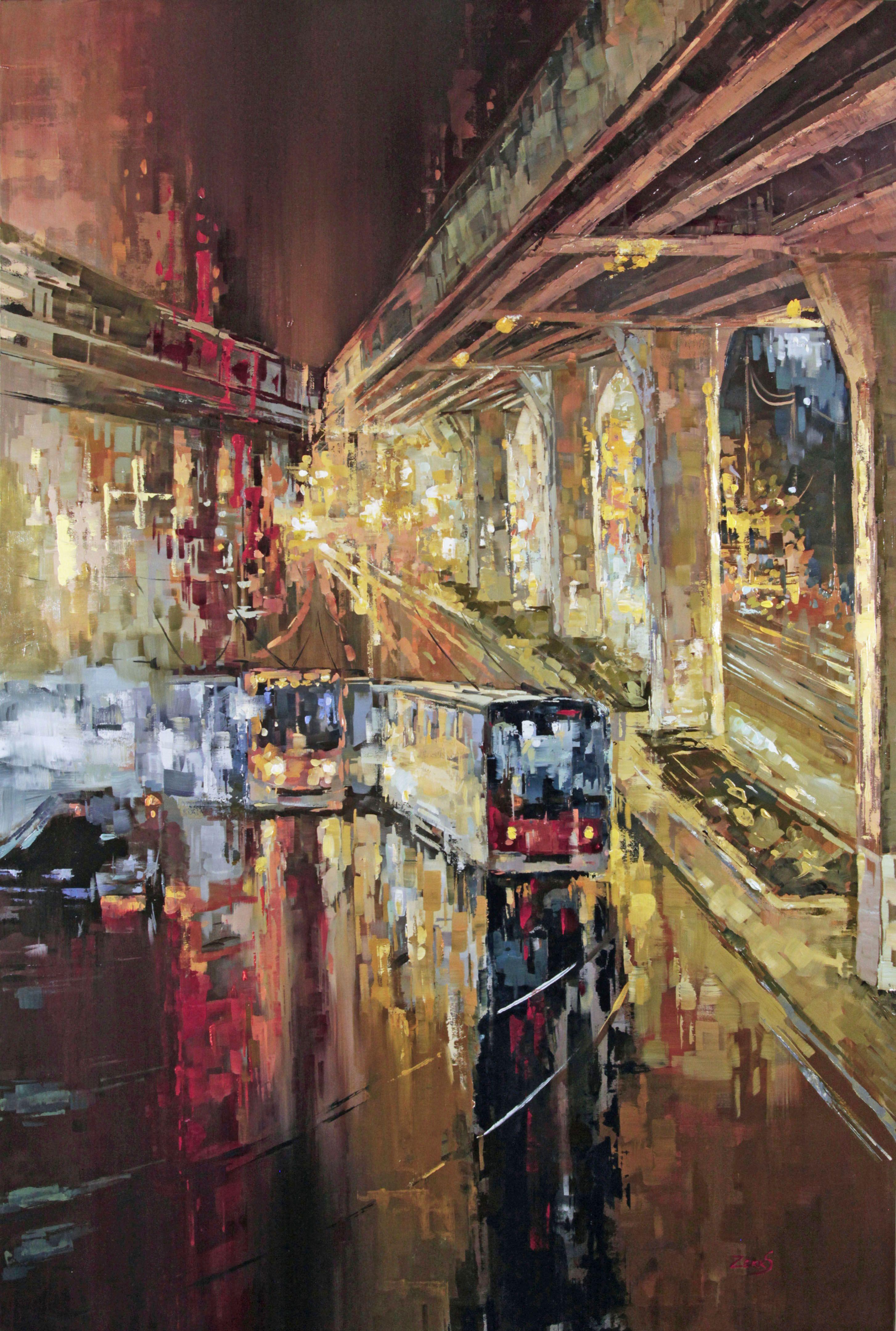 Sandra  Zekk Abstract Painting - Cityscape Oil Painting - Vanishing Point, Painting, Oil on Canvas