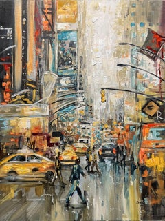 Cab Rainy day - Peinture de paysage urbain, peinture à l'huile sur toile