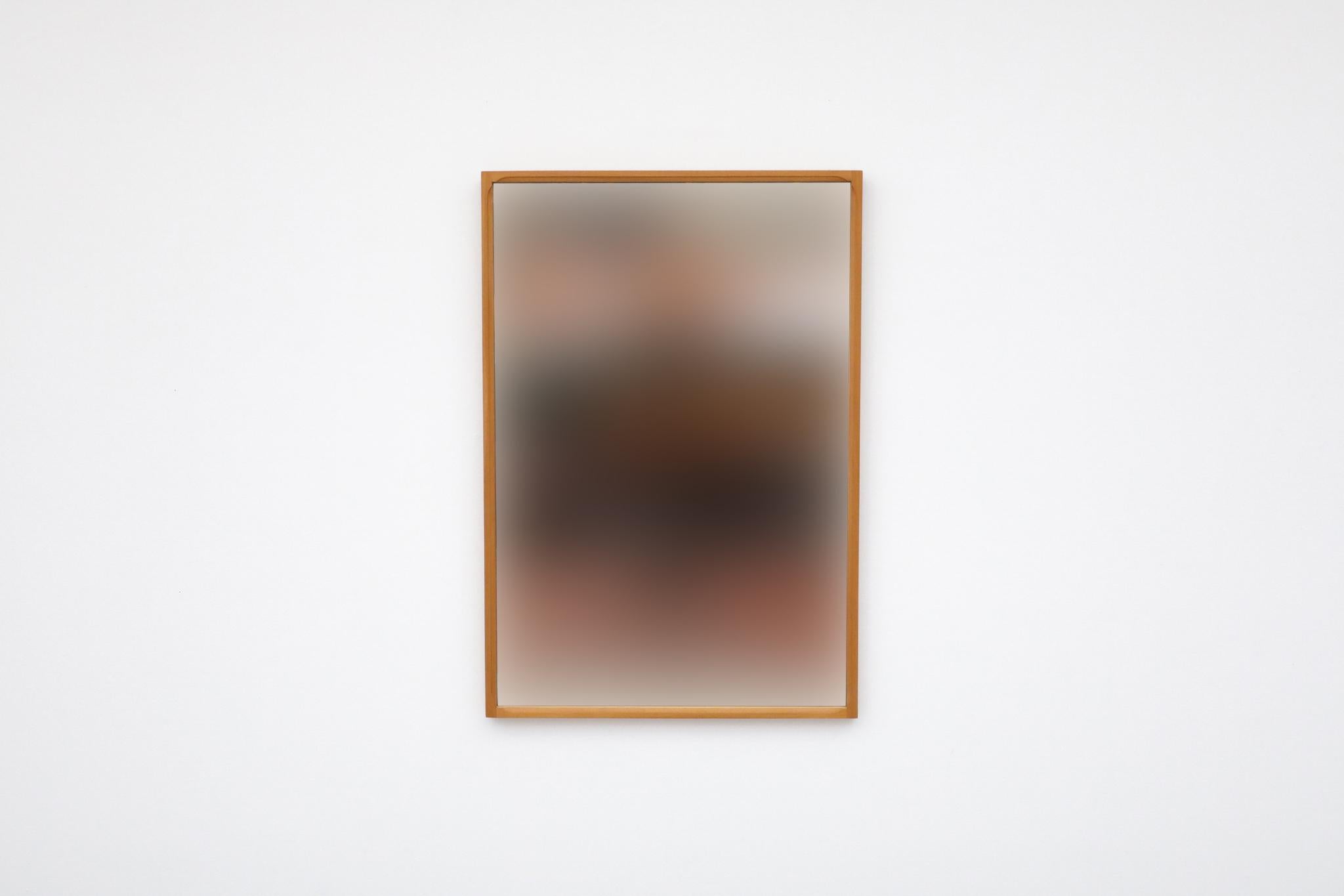 Mid-Century large, heavy, rectangular beech wood framed mirror by Sandrelli & Bertuccelli. Carved details in corners. New picture framing wire kit mounted on back. in otherwise original condition with visible wear, including some desilvering to the