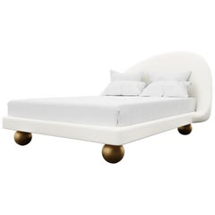 SANDRINE BED - Modern Frame and Headboard in Faux White Leather with Metal legs