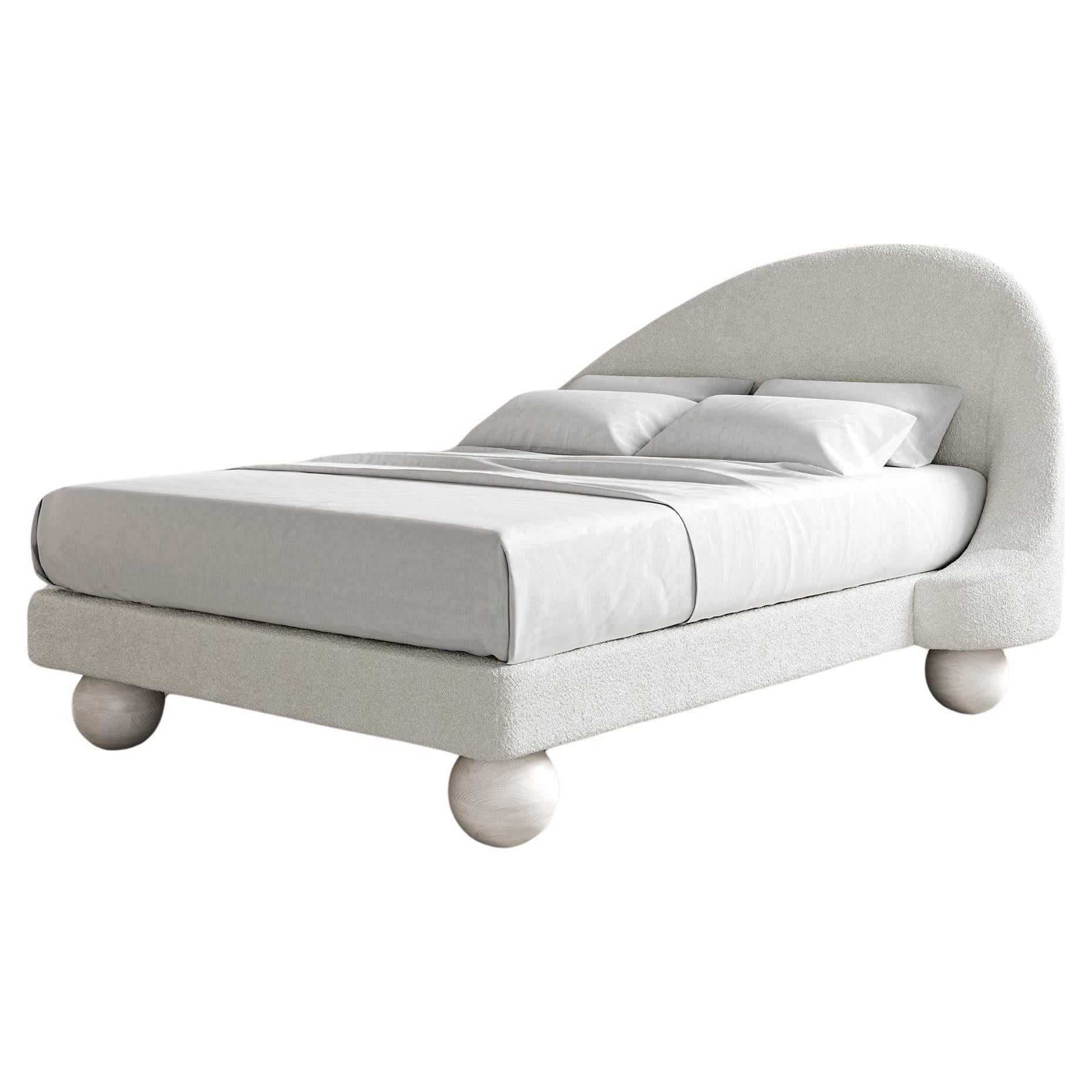 LIT SANDRINE - Cadre + Tête de lit moderne en bouclette de nuages + Pied en chêne blanc blanchi