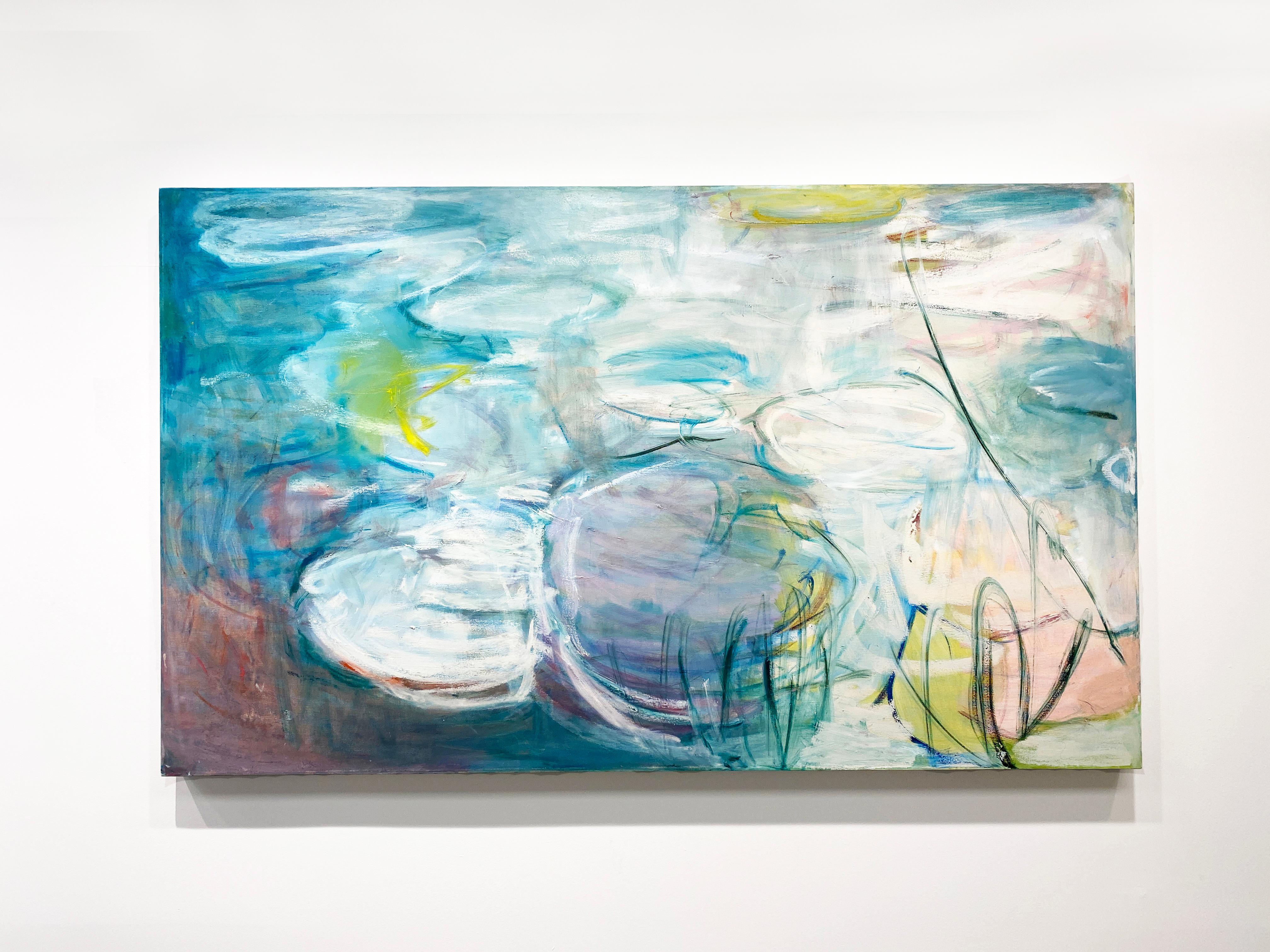 Available at Madelyn Jordon Fine Art. 'Lilies In Light' by New York City based, French artist Sandrine Kern. 2022. Oil and cold wax on canvas, 36 x 60 in. This abstracted landscape painting features a pond and a water lily scene in colors of blue,