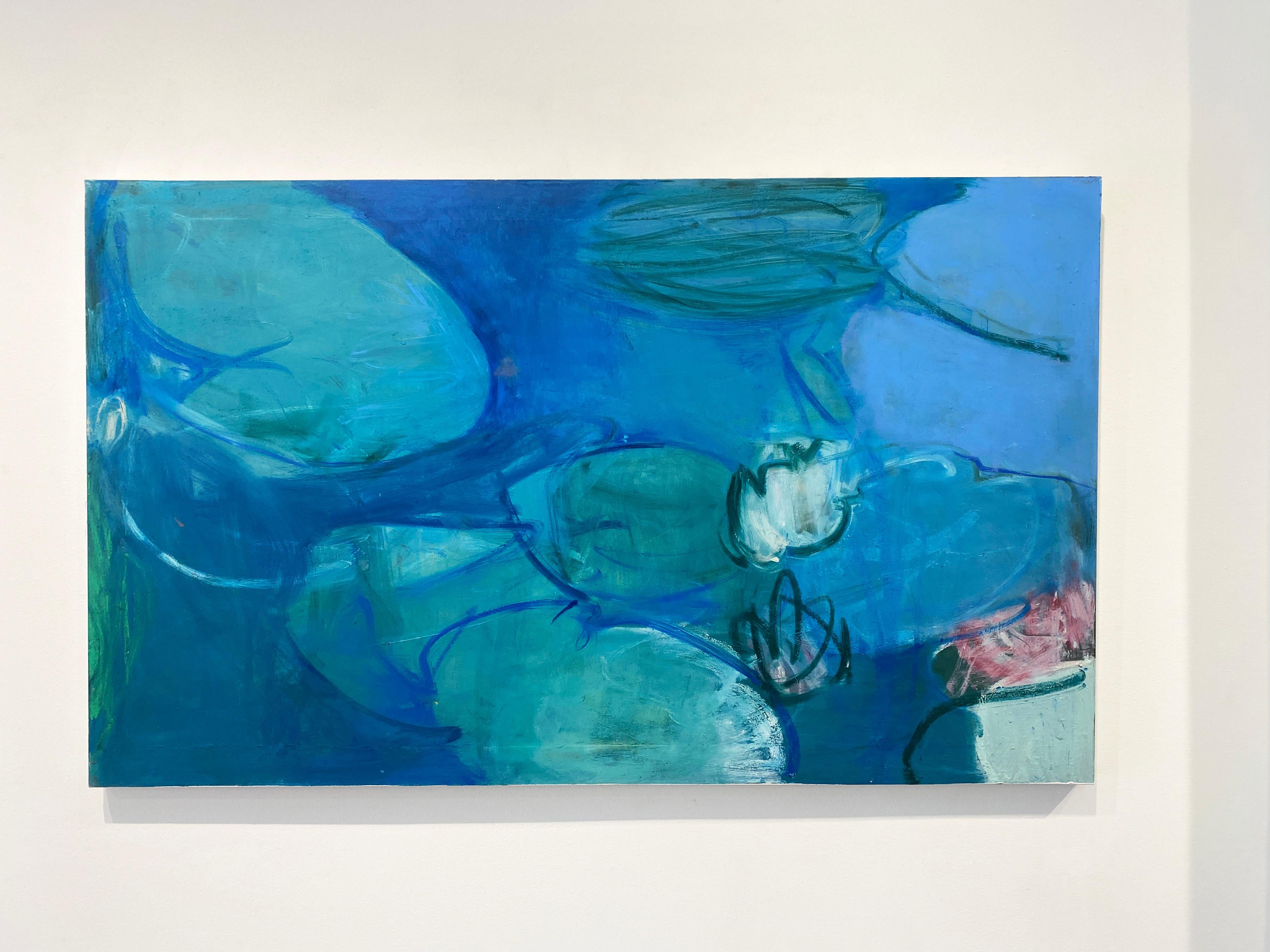 'Untitled 30' by New York City based, French artist Sandrine Kern. 2022. Oil and cold wax on canvas, 36 x 60 in. This abstracted landscape painting features a pond and a water lily scene in deep colors of blue, green, white, and pink.

Sandrine