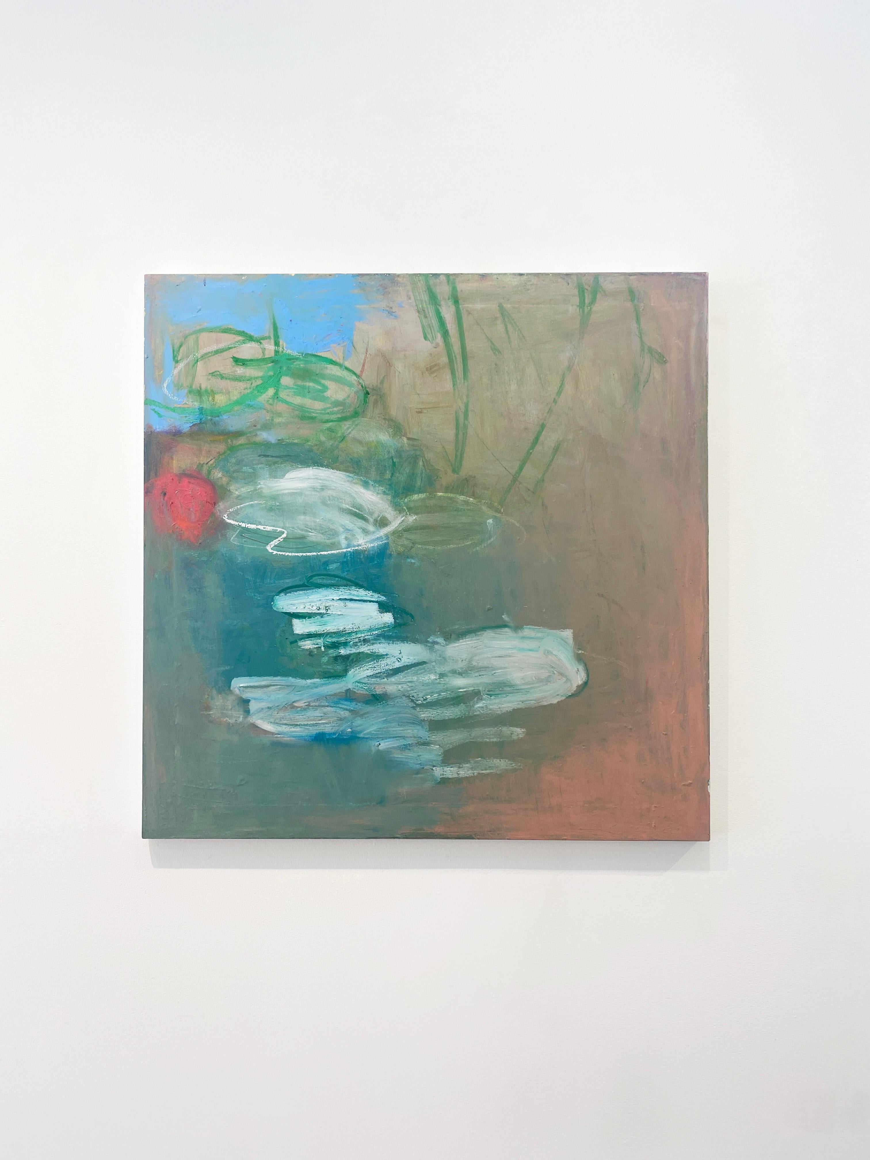'Untitled 40' by New York City based, French artist Sandrine Kern. 2022. Oil and cold wax on canvas, 40 x 40 in. This abstracted landscape painting features a pond and a water lily scene in colors of blue, green, white, pink, and hot pink.

Sandrine