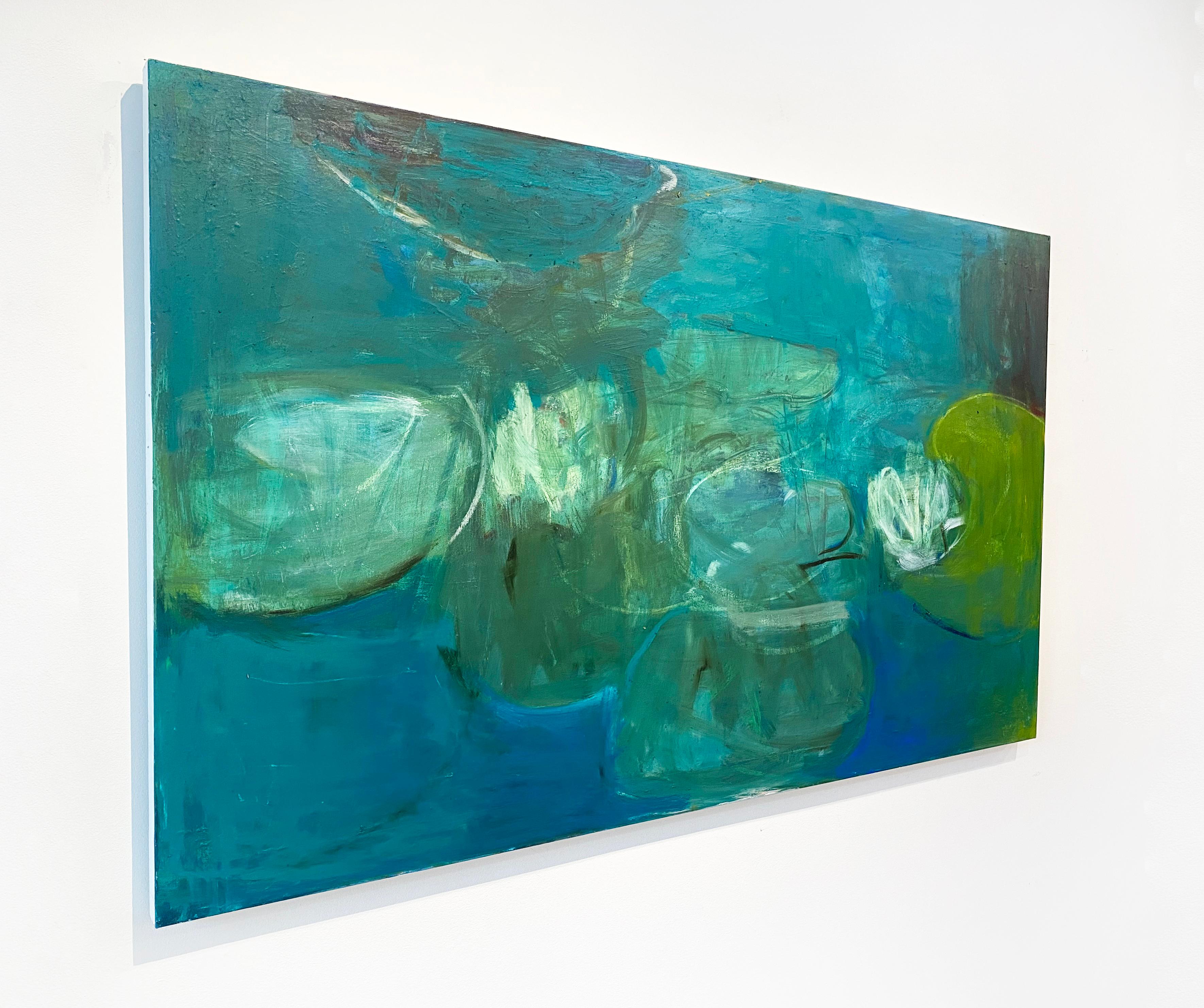 'Untitled # 400' by New York City based, French artist Sandrine Kern. 2022. Oil and cold wax on canvas, 36 x 60 in. This abstracted landscape painting features a pond and water lily scene in deep colors of blue, green, white, and black. 

Sandrine