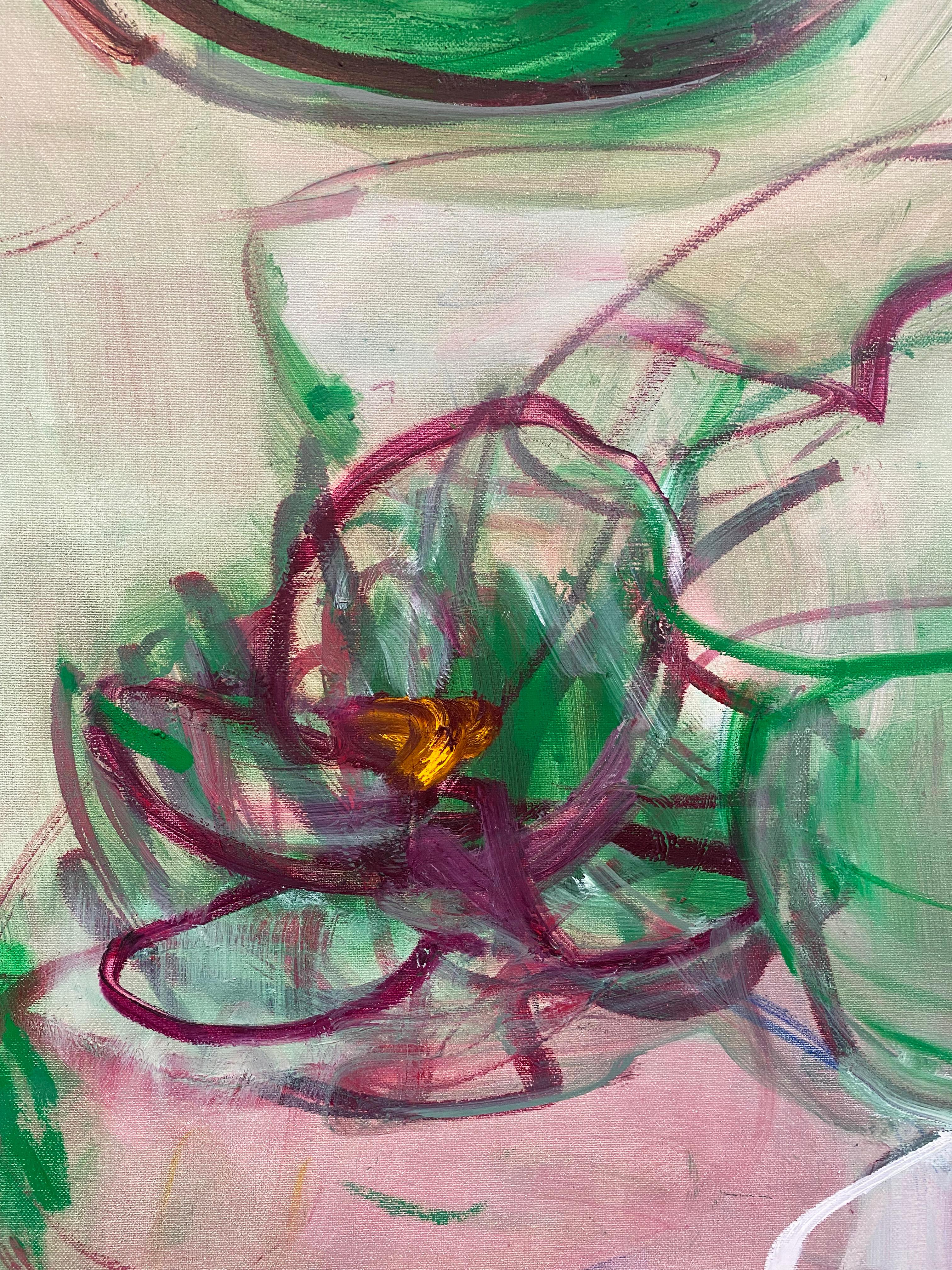 'Untitled #422' by New York City based, French artist Sandrine Kern. 2022. Oil on canvas, 30 x 70 in. This abstracted landscape painting features a pond and water lily scene in deep colors of red, pink, green, and white. 

Sandrine Kern's Water Lily