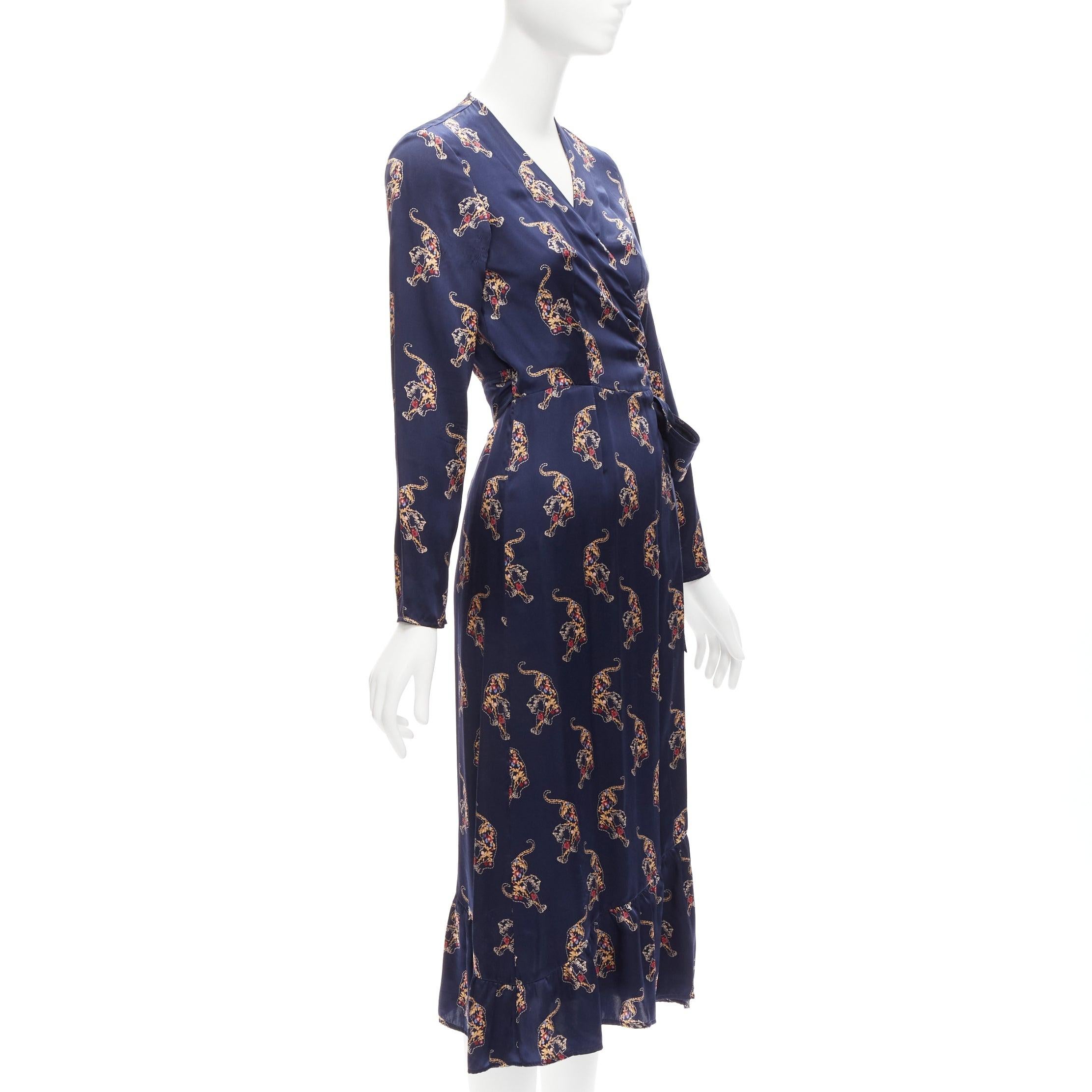 SANDRO 100% silk navy oriental tiger print long sleeve wrap dress Sz.1 S
Reference: JACG/A00130
Brand: Sandro
Material: Silk
Color: Navy, Multicolour
Pattern: Oriental
Closure: Self Tie
Made in: Tunisia

CONDITION:
Condition: Excellent, this item
