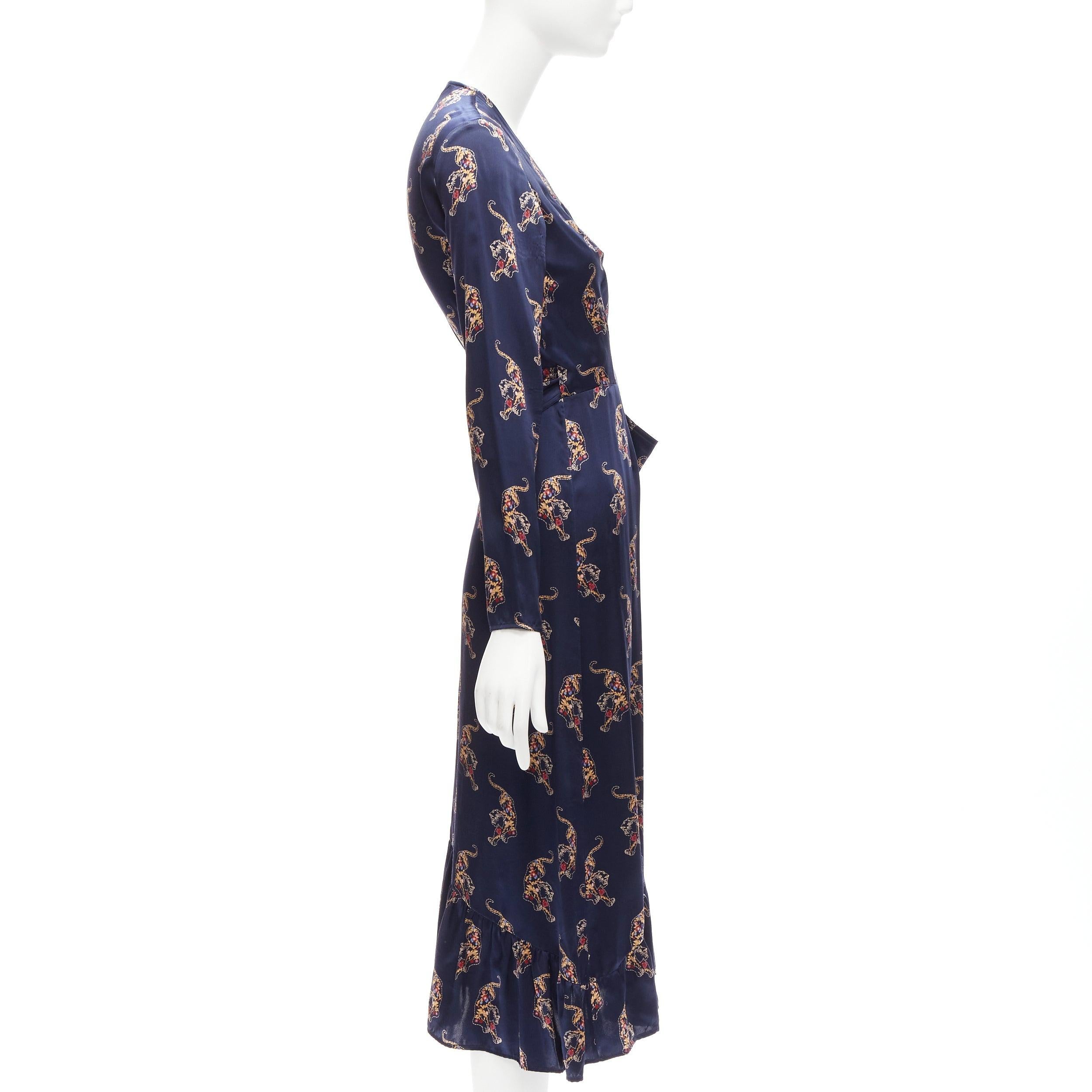 Black SANDRO 100% silk navy oriental tiger print long sleeve wrap dress Sz.1 S