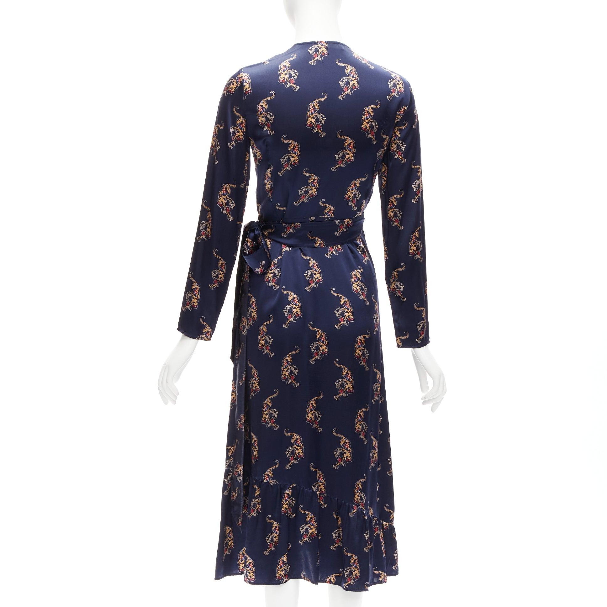 SANDRO 100% silk navy oriental tiger print long sleeve wrap dress Sz.1 S In Excellent Condition In Hong Kong, NT