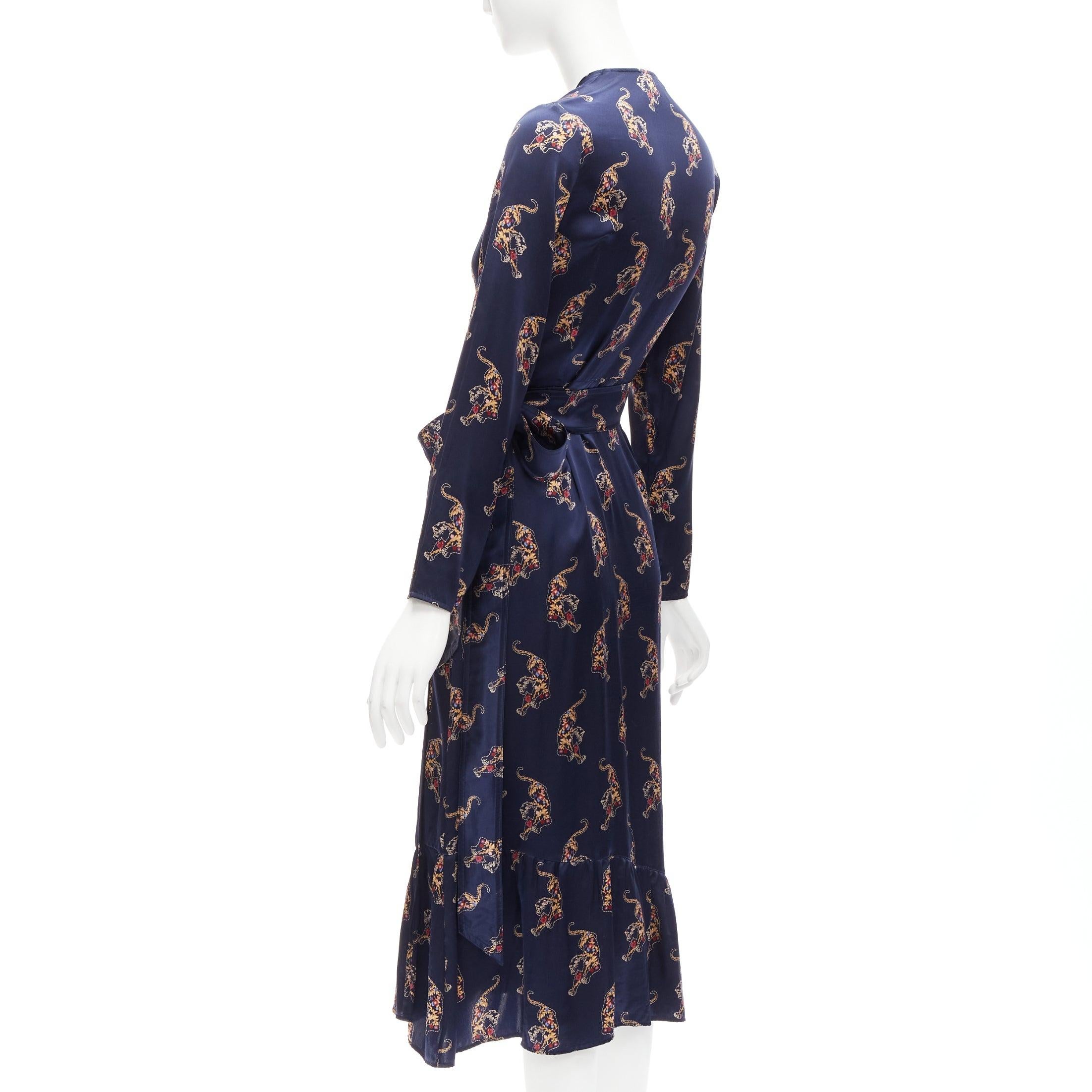 Women's SANDRO 100% silk navy oriental tiger print long sleeve wrap dress Sz.1 S