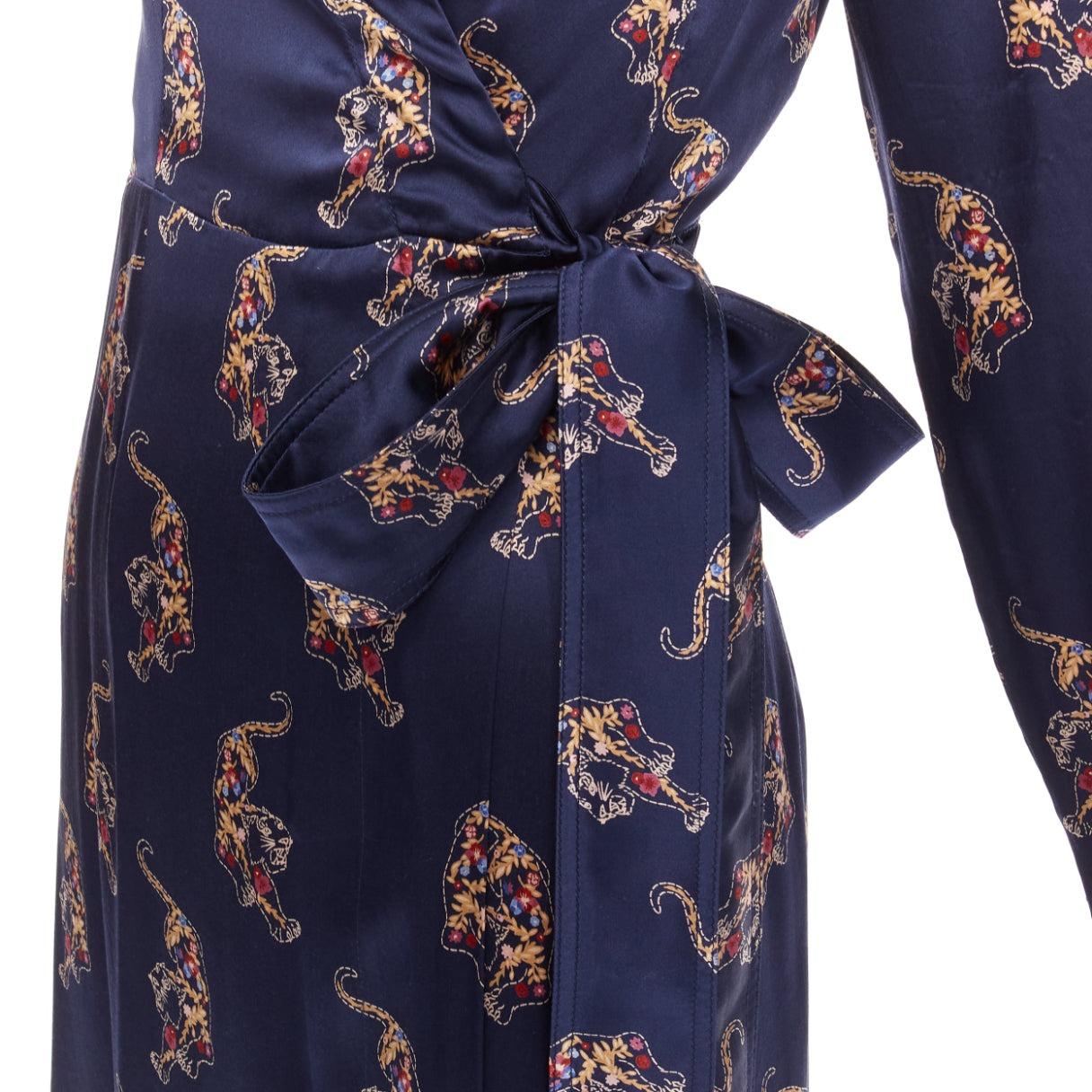 SANDRO 100% silk navy oriental tiger print long sleeve wrap dress Sz.1 S 1