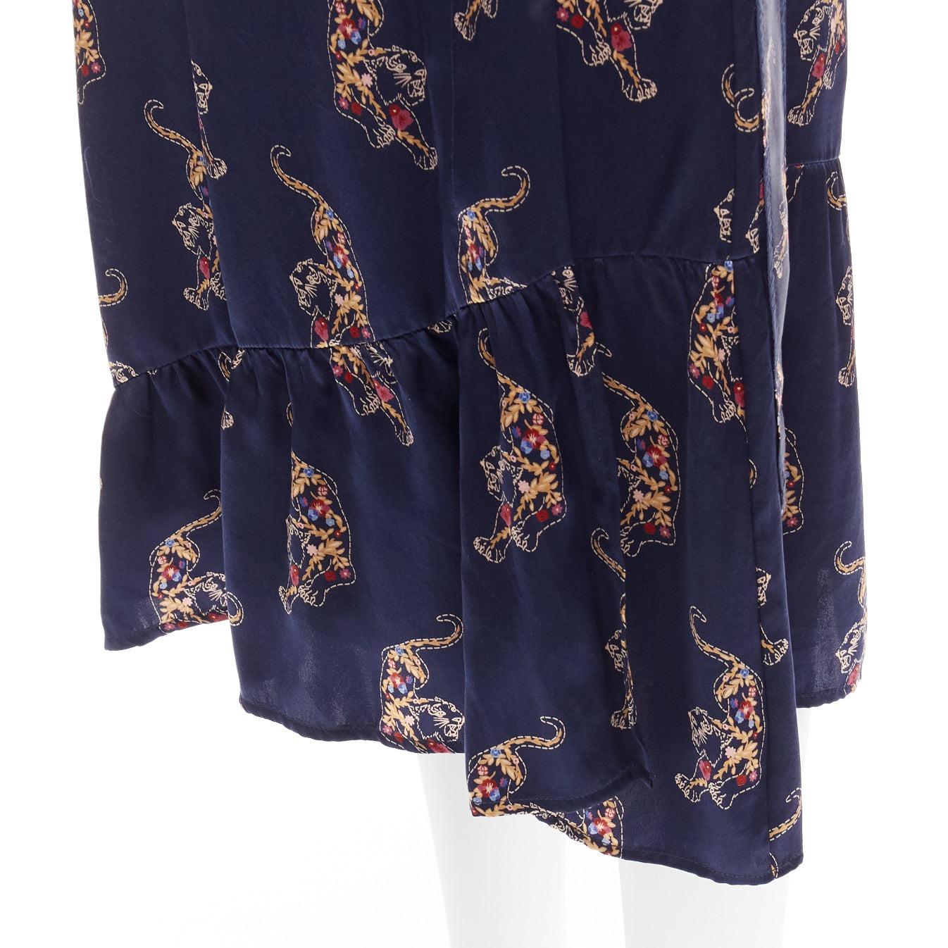 SANDRO 100% silk navy oriental tiger print long sleeve wrap dress Sz.1 S 2