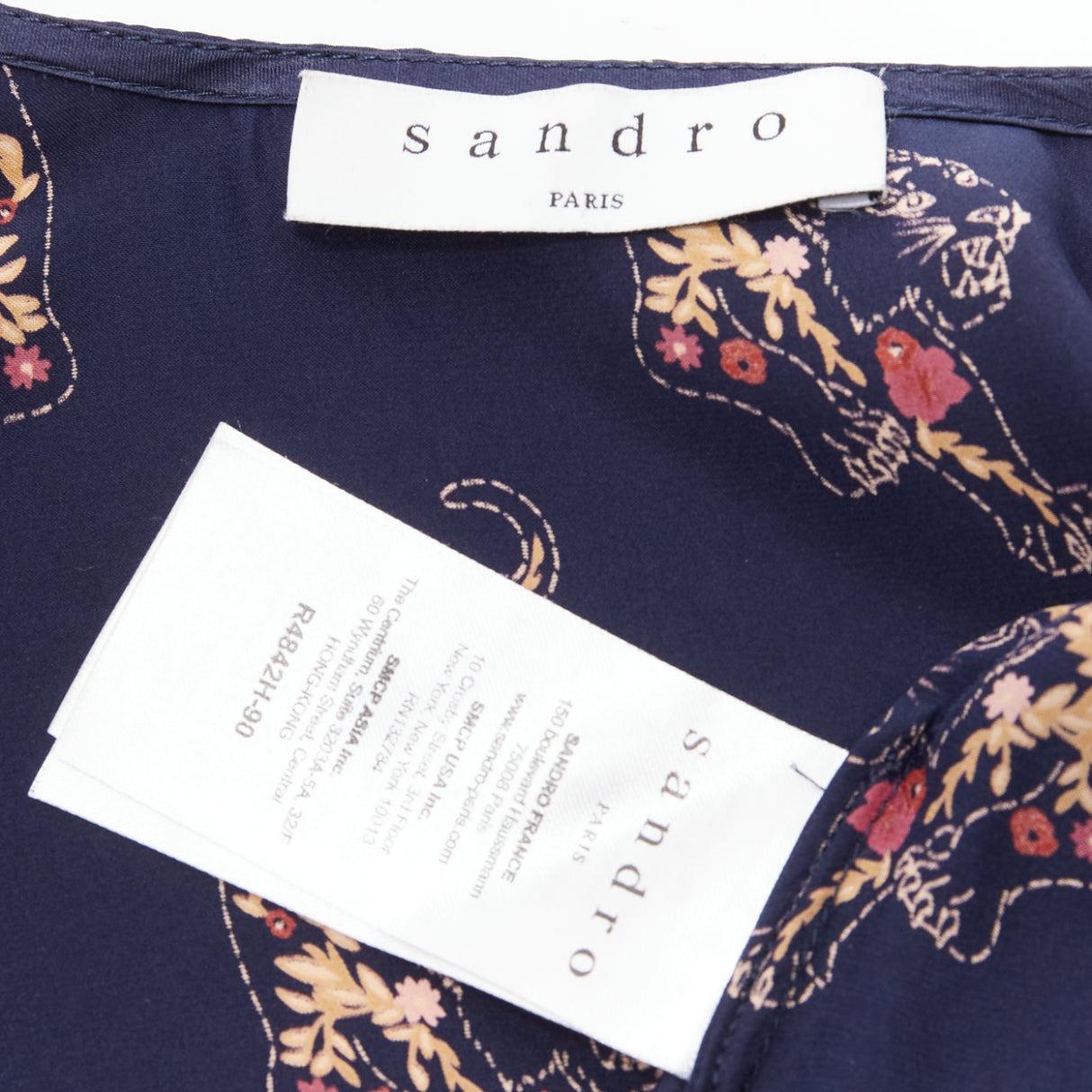 SANDRO 100% silk navy oriental tiger print long sleeve wrap dress Sz.1 S 3