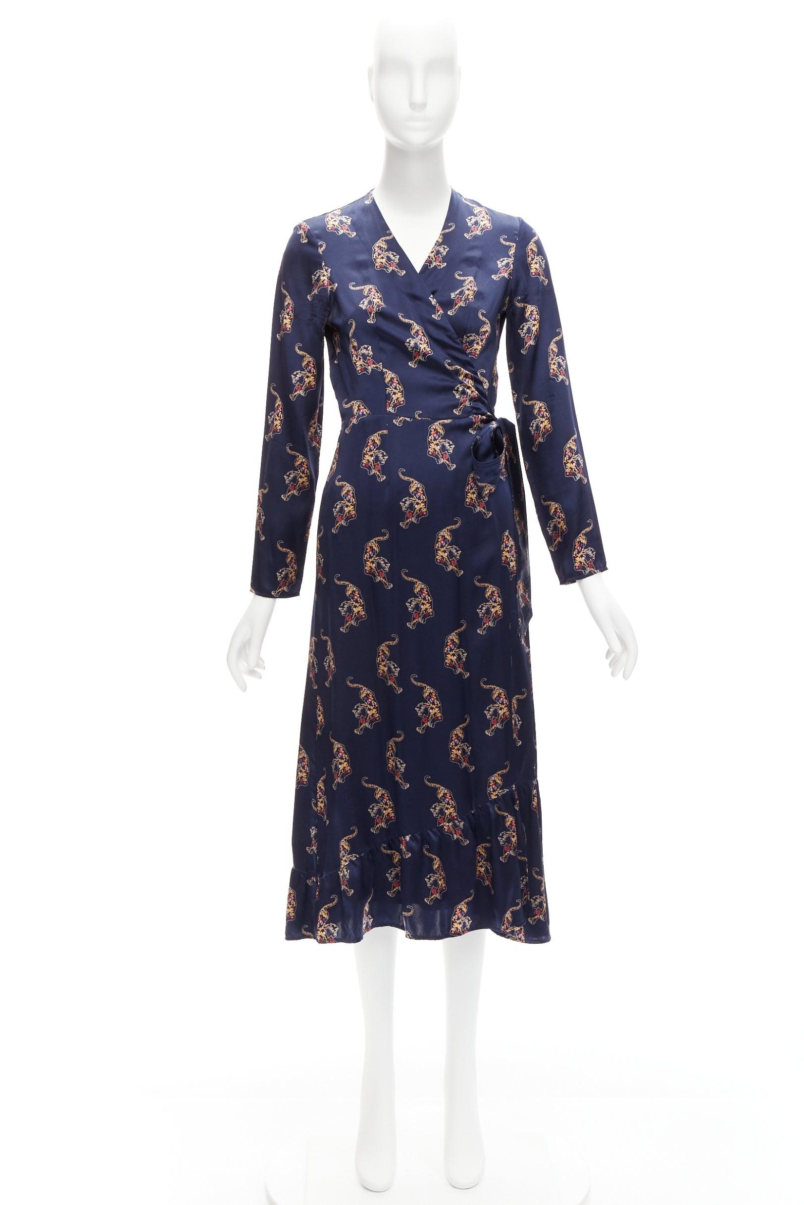 SANDRO 100% silk navy oriental tiger print long sleeve wrap dress Sz.1 S 4