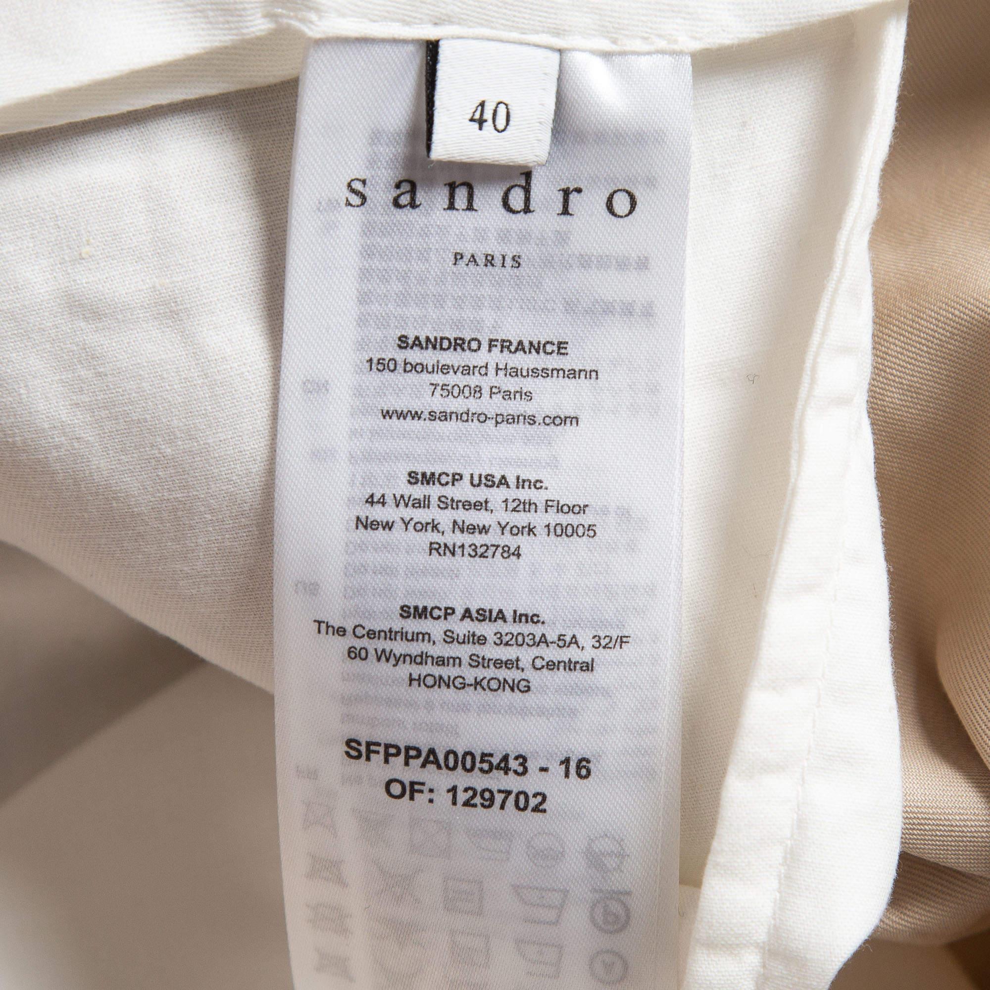 Sandro Beige Cotton Belted Wide-Leg Trousers L For Sale 1