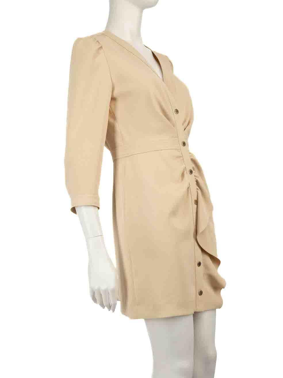 CONDITION is Very good. Minimal wear to dress is evident. Small marks on the centre front near the first two buttons on this used Sandro designer resale item.
 
 
 
 Details
 
 
 Beige
 
 Polyester
 
 Dress
 
 Mini
 
 Ruched detail
 
 Front snap