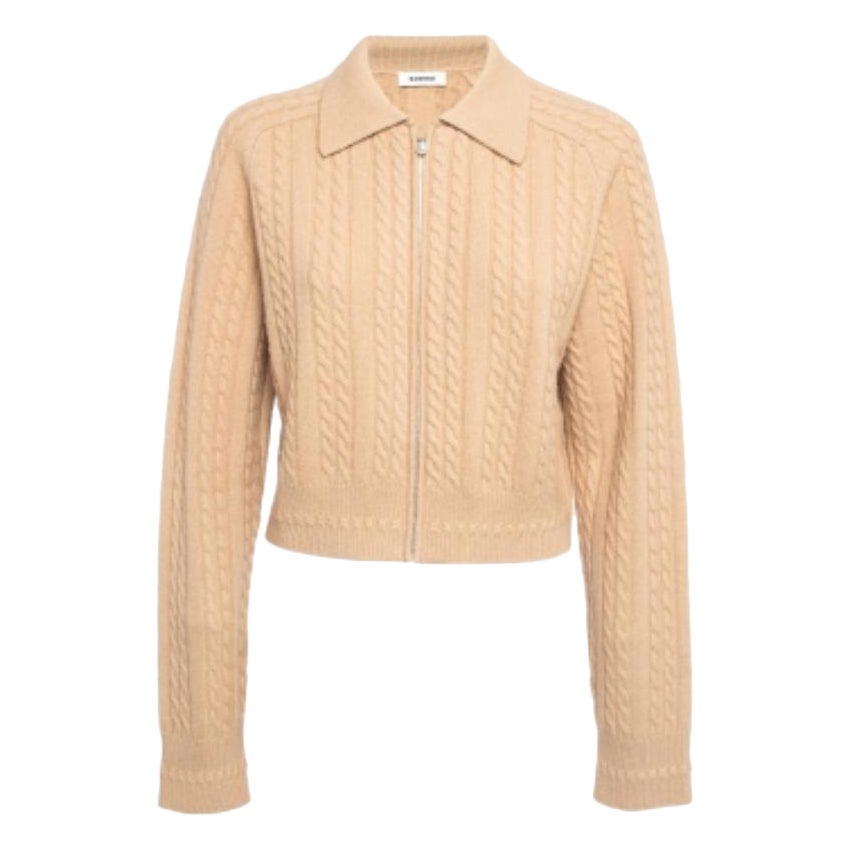 Sandro Beige Wolle Kabelstrick Zipper Crop Cardigan XL im Angebot
