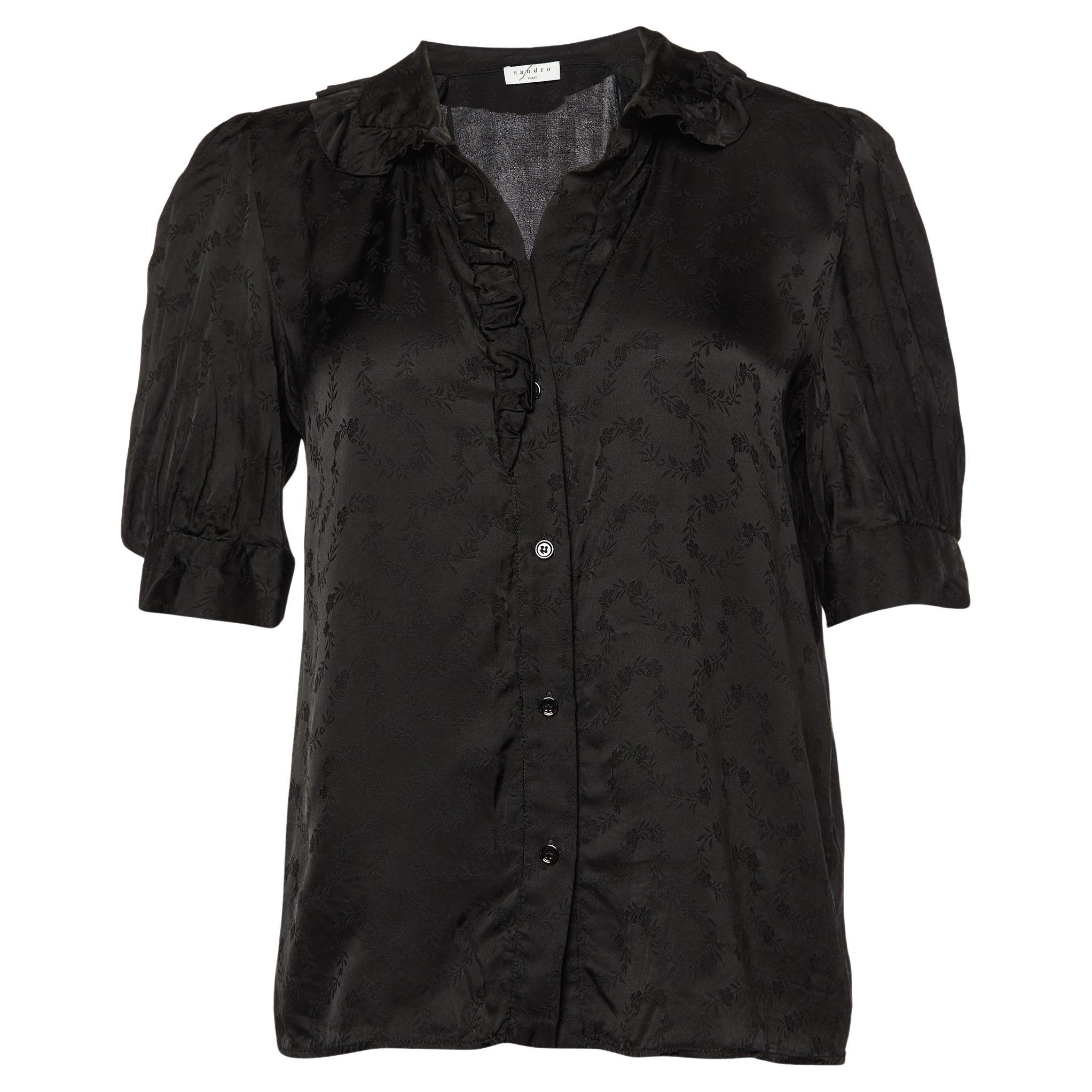 Sandro Black Floral Patterned Satin Top S For Sale
