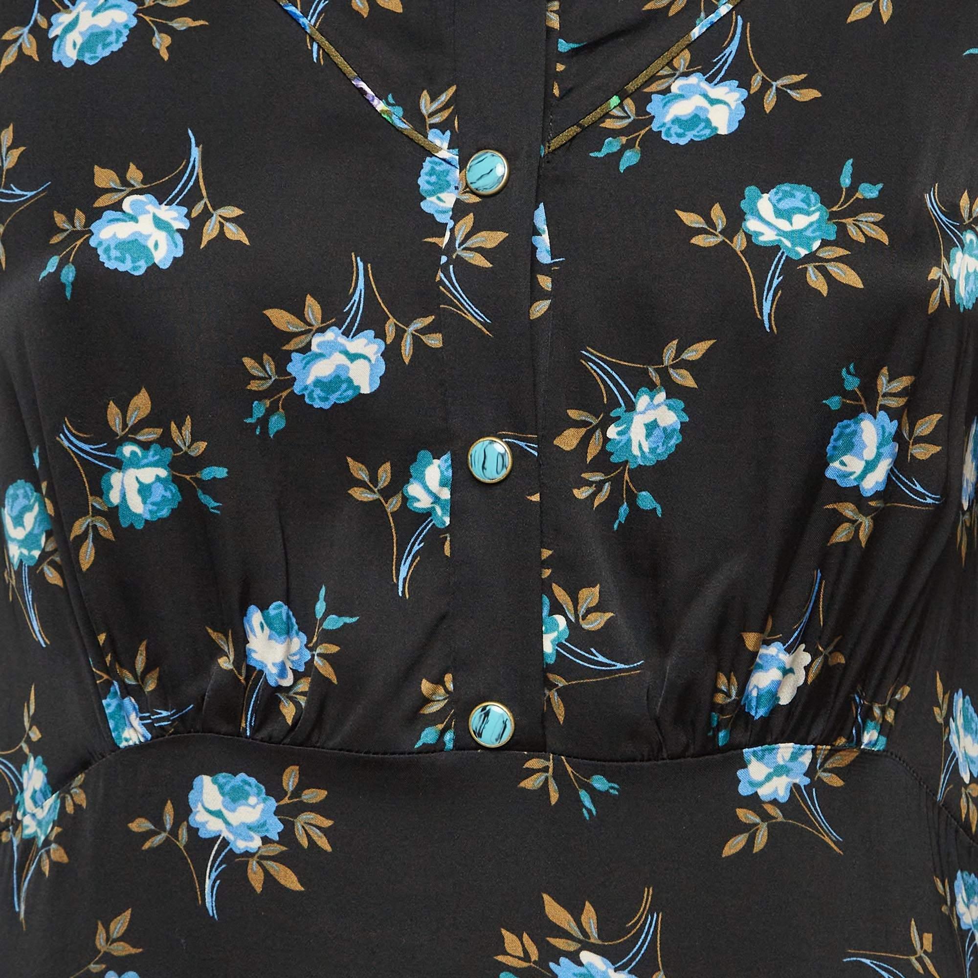 Sandro Black Floral Print Satin Short Dress S In Good Condition For Sale In Dubai, Al Qouz 2